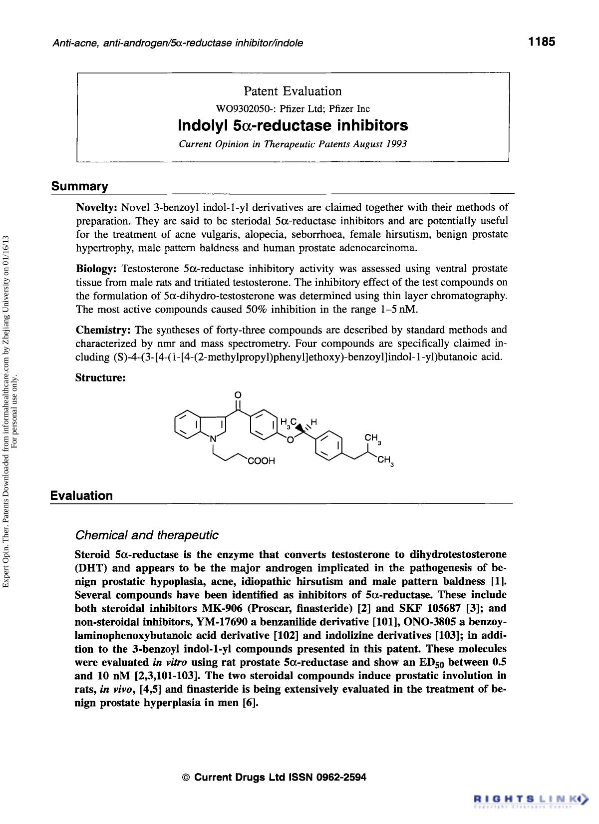 Patent Evaluation: Indolyl 5α-reductase inhibitors by Unknown