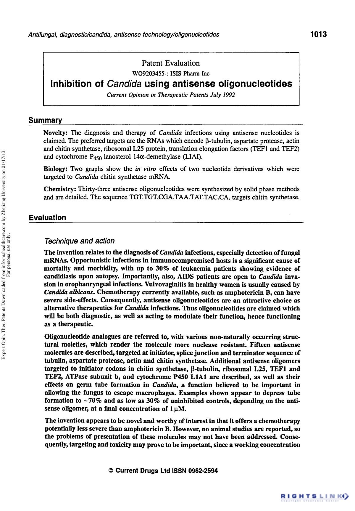 Patent Evaluation: Inhibition of Candida using Antisense Oligonucleotides by Unknown