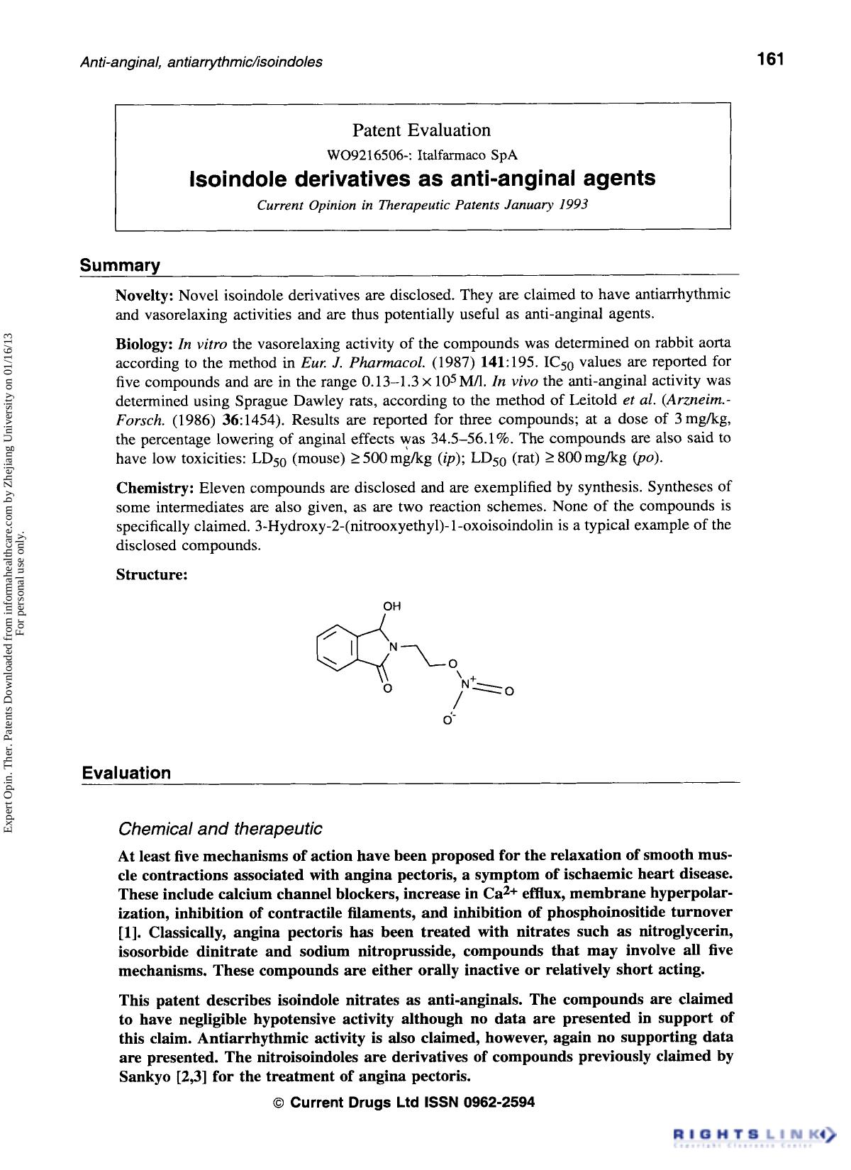 Patent Evaluation: Isoindole derivatives as anti-anginal agents by Unknown