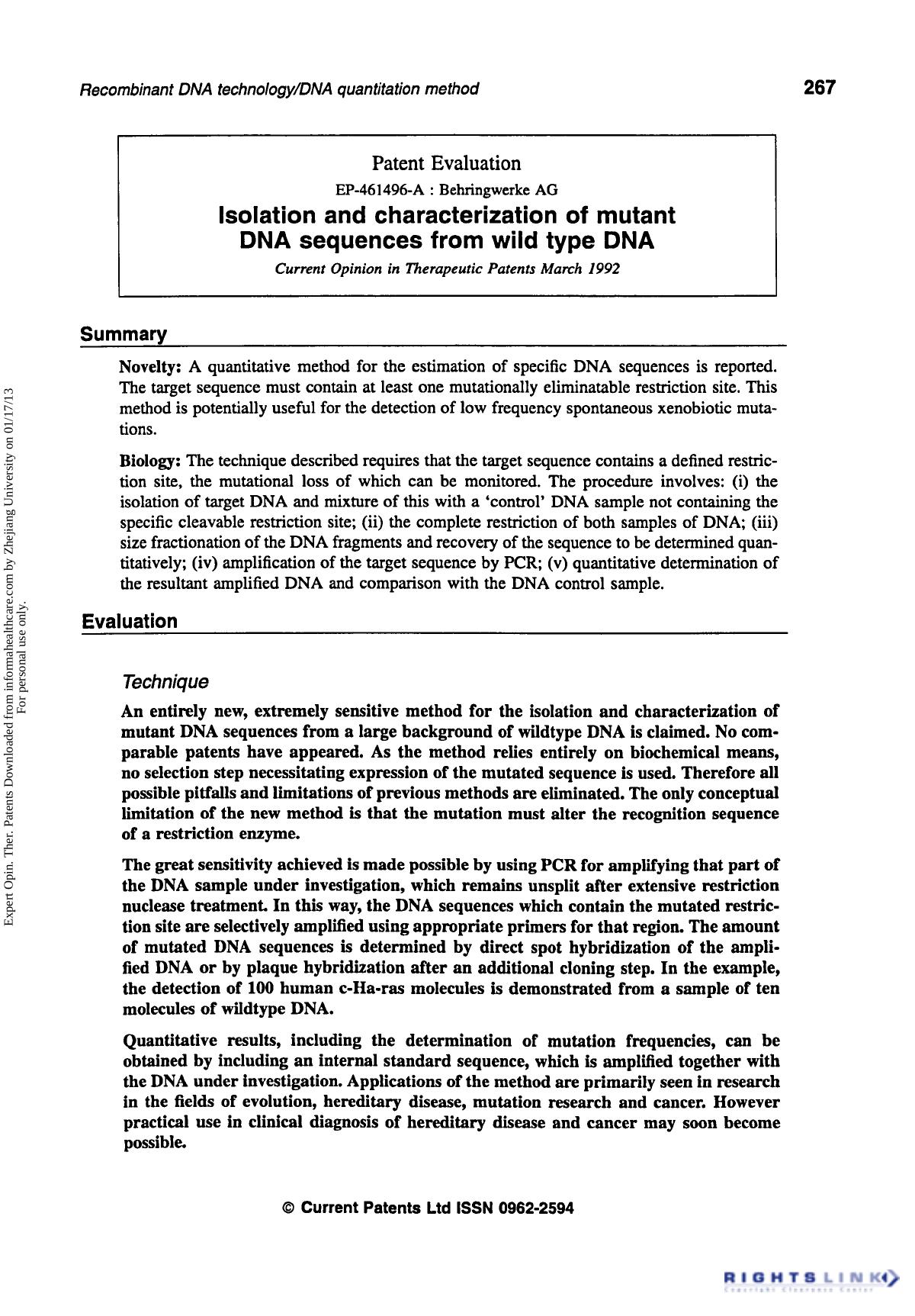 Patent Evaluation: Isolation and characterization of mutant DNA sequences from wild type DNA by Unknown