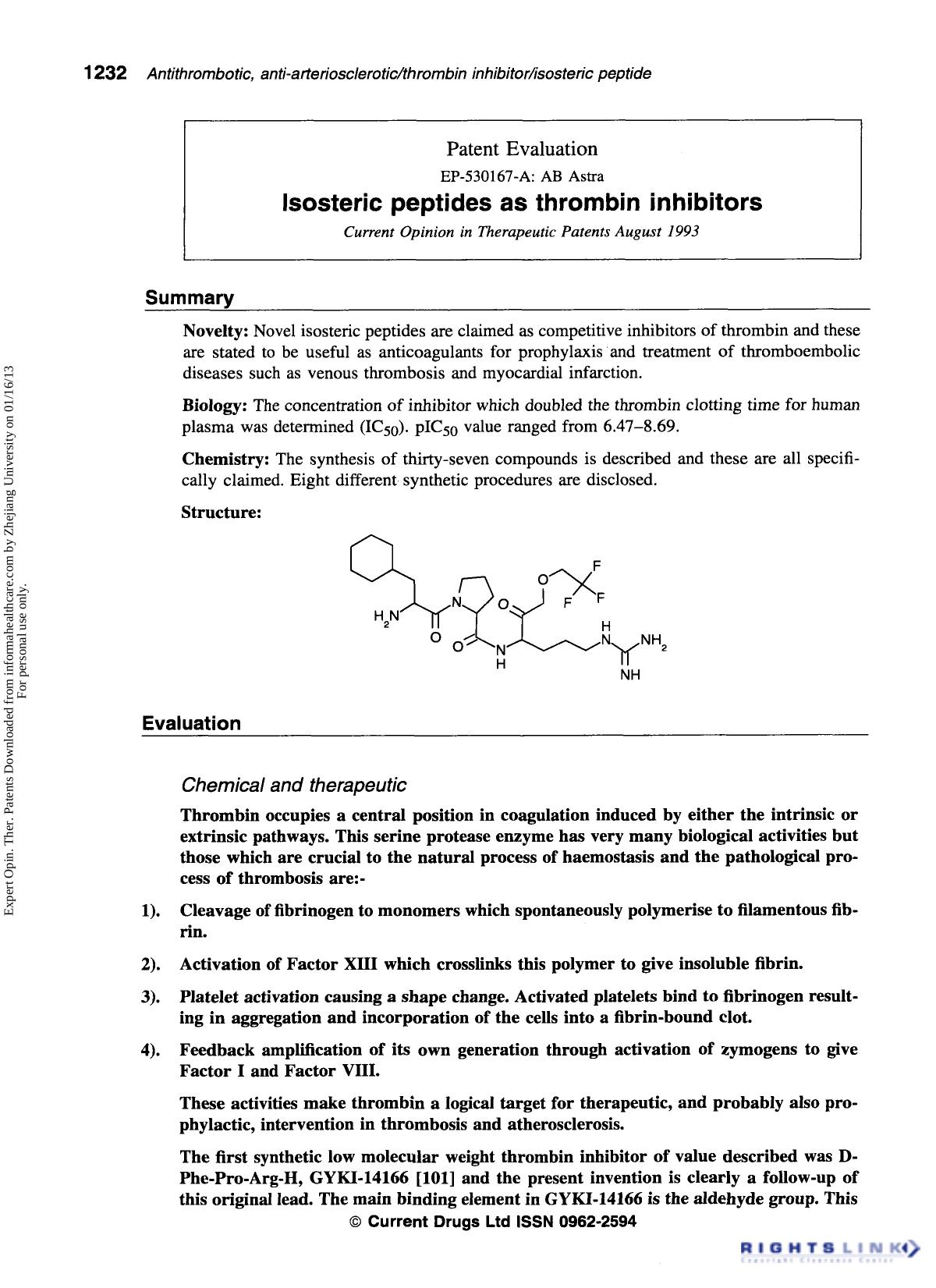Patent Evaluation: Isosteric peptides as thrombin inhibitors by Unknown