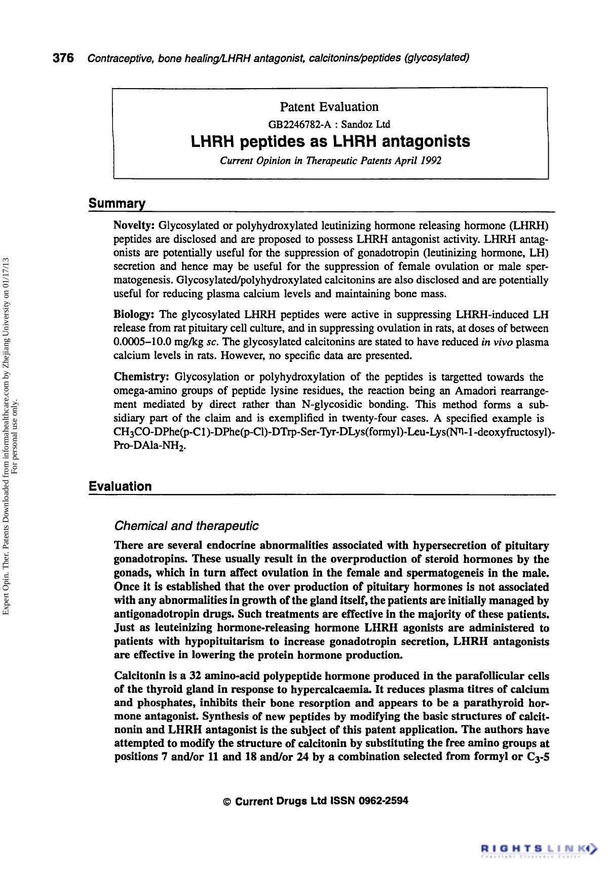 Patent Evaluation: LHRH Peptides as LHRH Antagonists by Unknown