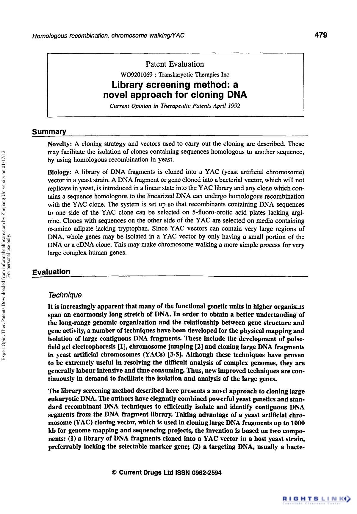 Patent Evaluation: Library Screening Method: A Novel Approach for Cloning DNA by Unknown
