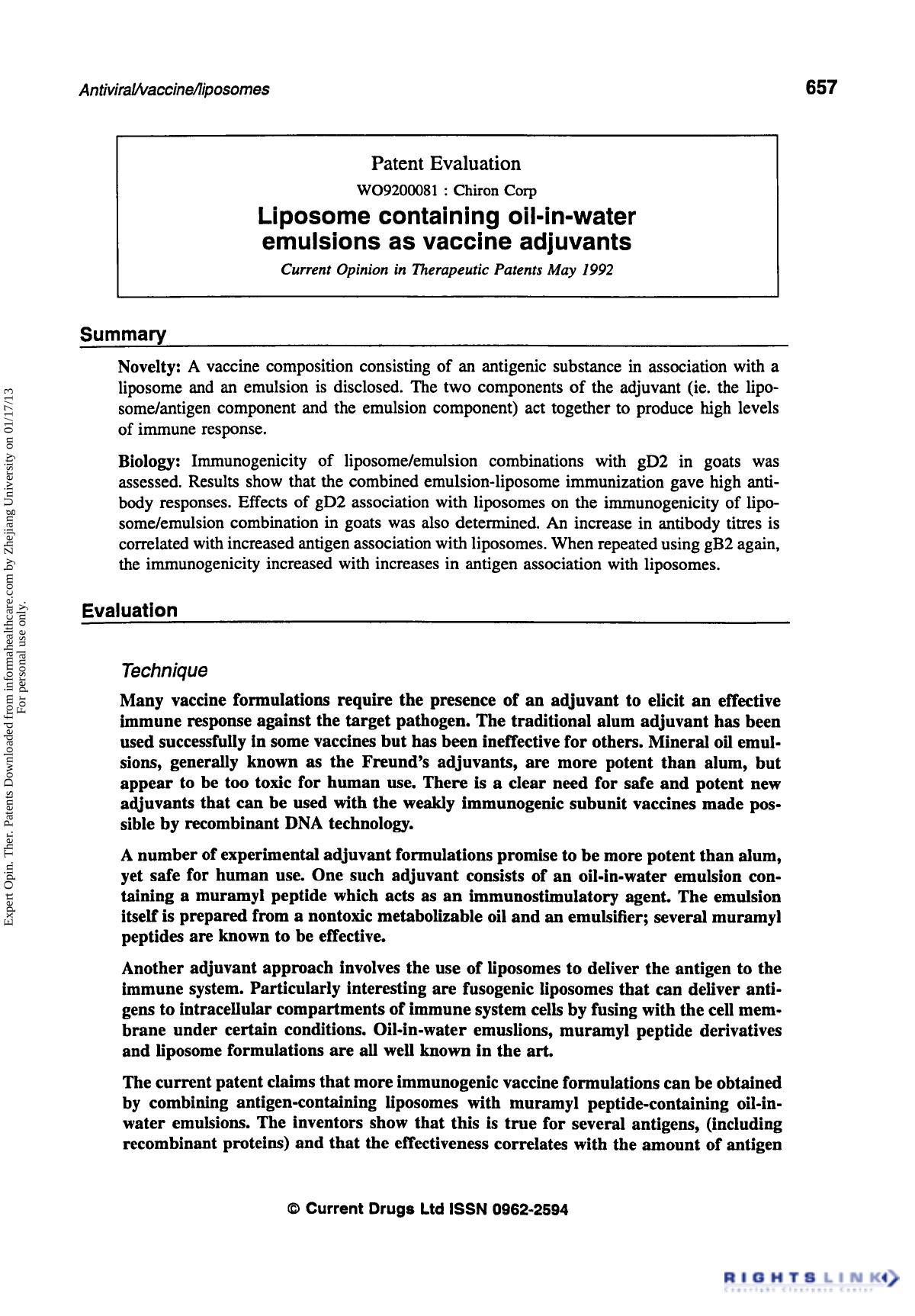 Patent Evaluation: Liposome Containing Oil-in-Water Emulsions as Vaccine Adjuvants by Unknown