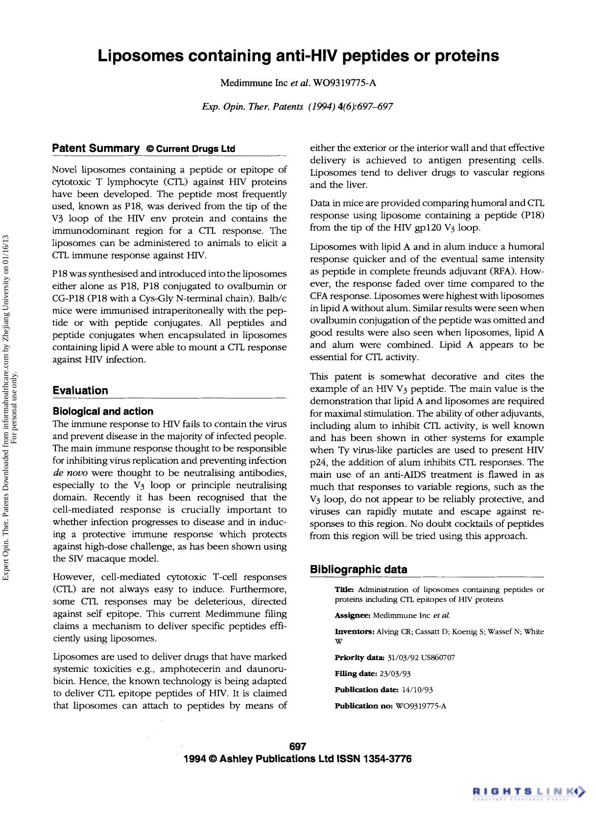 Patent Evaluation: Liposomes containing anti-HIV peptides or proteins by Unknown
