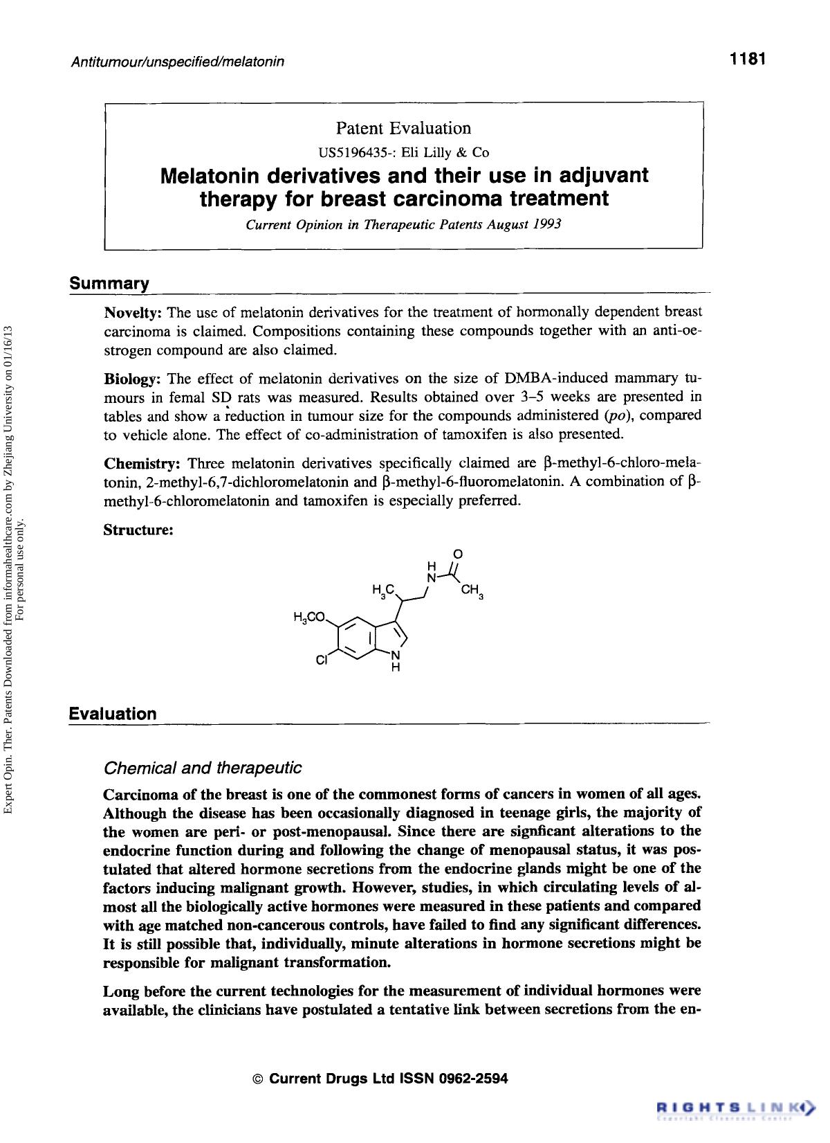 Patent Evaluation: Melatonin derivatives and their use in adjuvant therapy for breast carcinoma treatment by Unknown