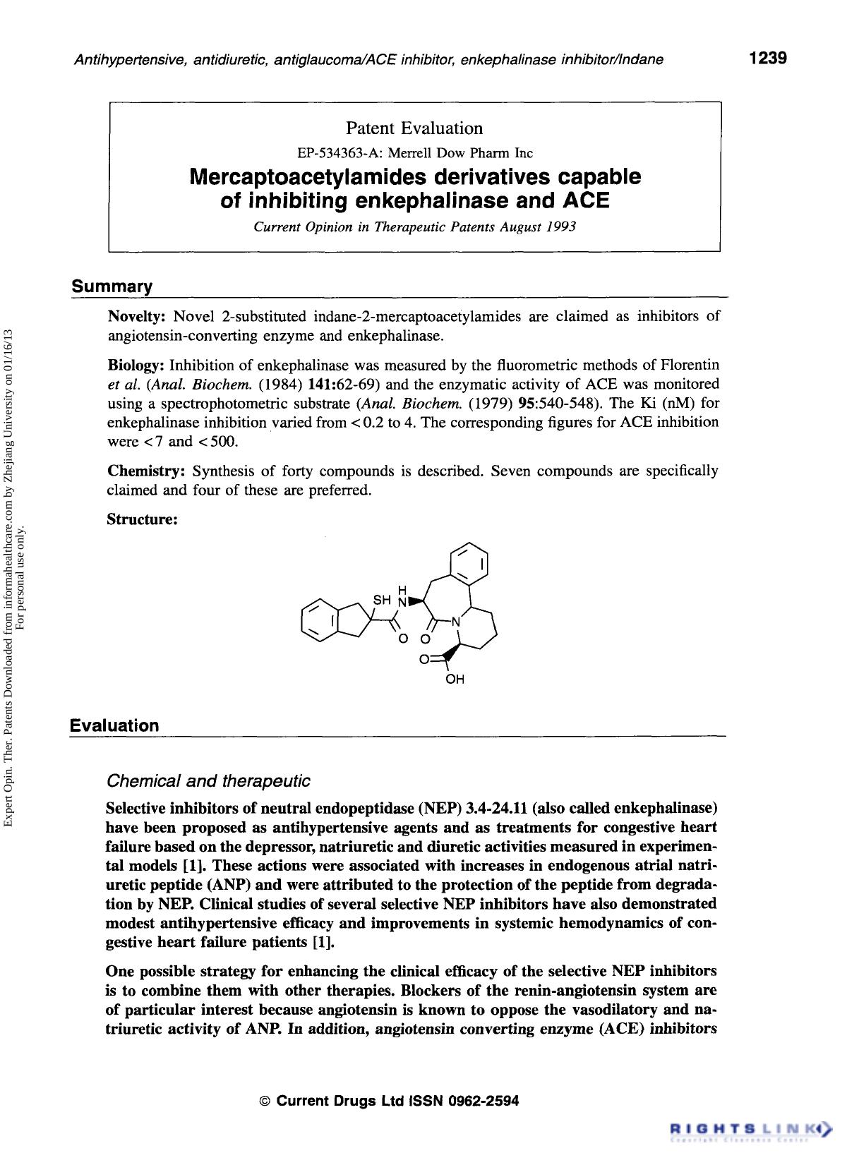 Patent Evaluation: Mercaptoacetylamides derivatives capable of inhibiting enkephalinase and ACE by Unknown