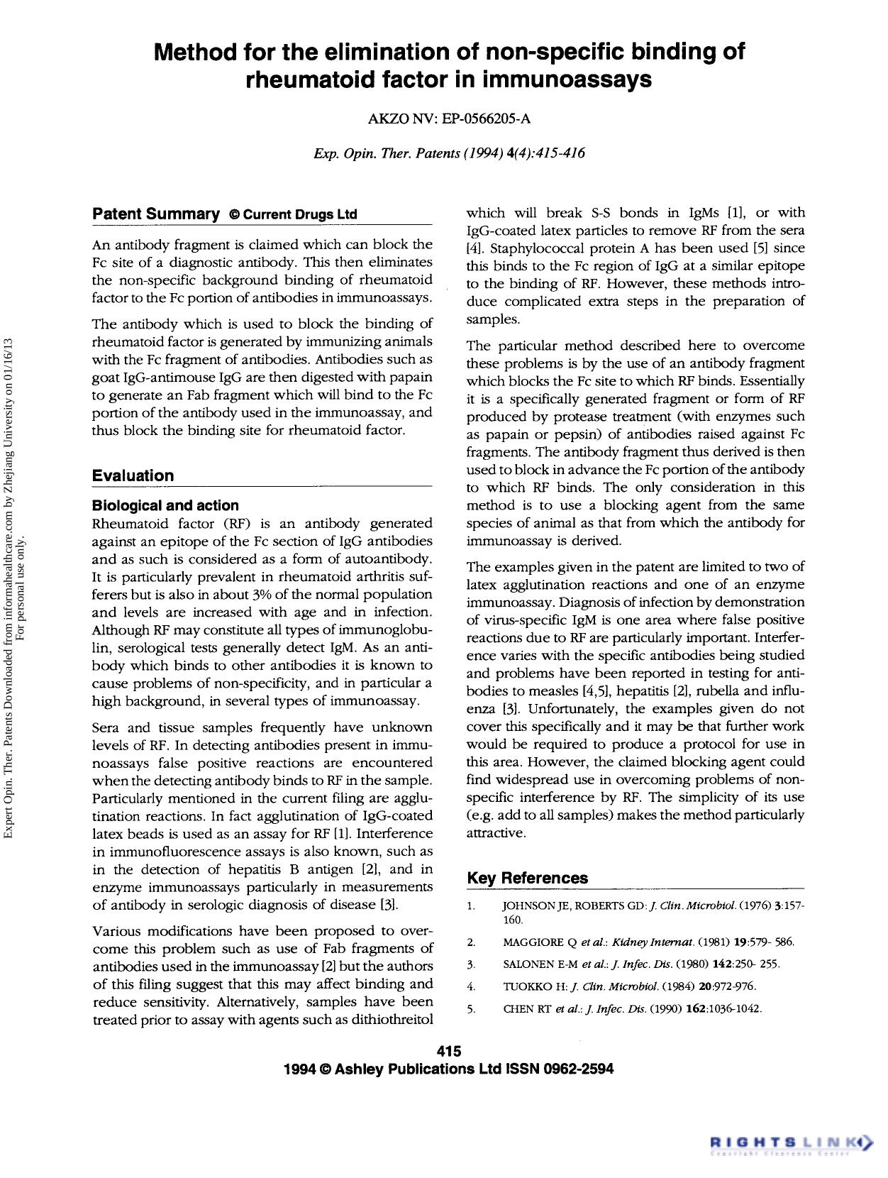 Patent Evaluation: Method for the elimination of non-specific binding of rheumatoid factor in immunoassays by Unknown