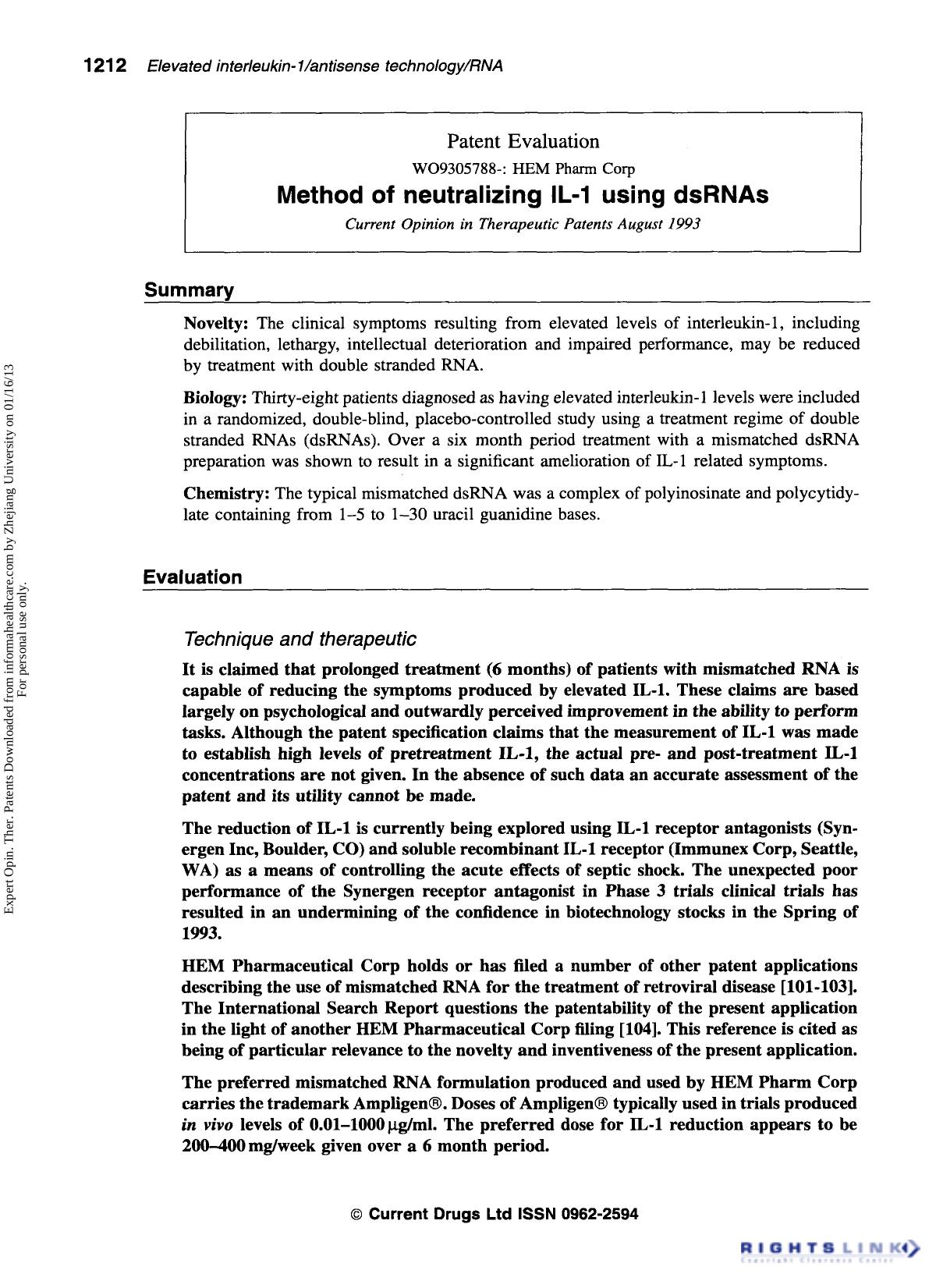Patent Evaluation: Method of neutralizing IL-1 using dsRNAs by Unknown