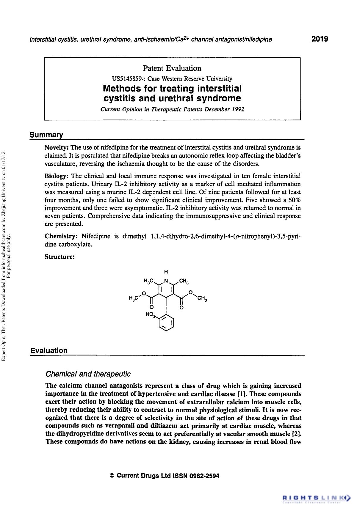 Patent Evaluation: Methods for Treating Interstitial Cystitis and Urethral Syndrome by Unknown