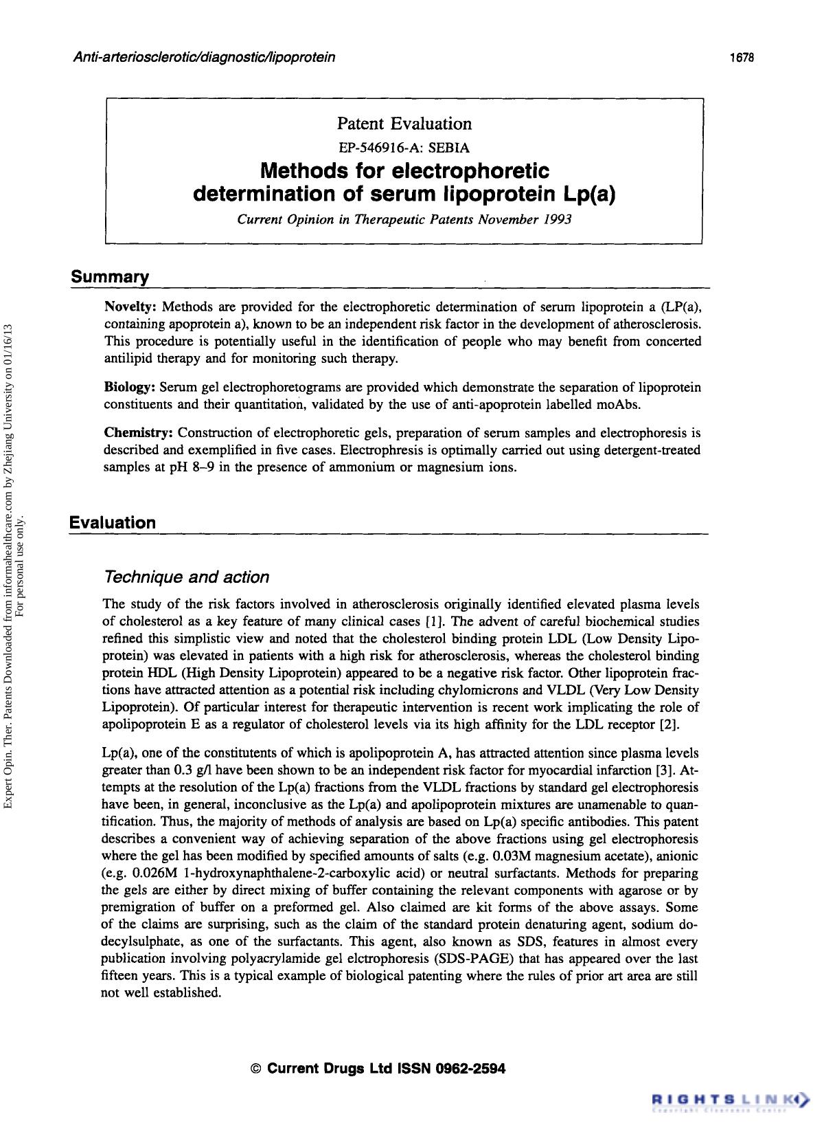 Patent Evaluation: Methods for electrophoretic determination of serum lipoprotein Lp(a) by Unknown