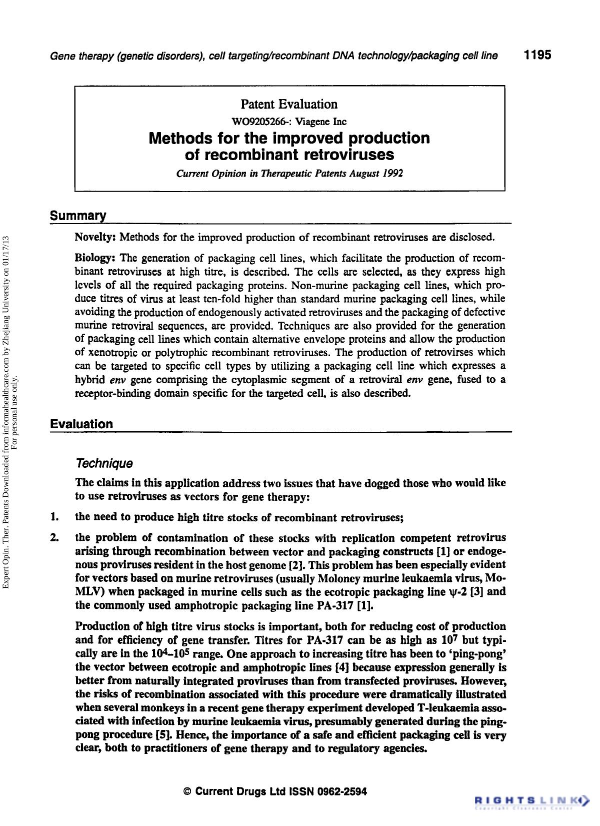Patent Evaluation: Methods for the Improved Production of Recombinant Retroviruses by Unknown