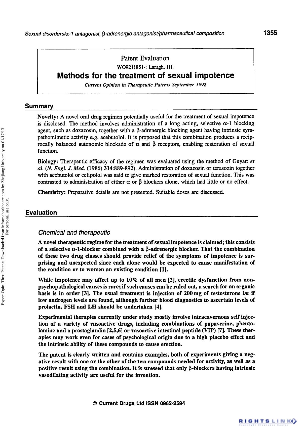 Patent Evaluation: Methods for the Treatment of Sexual Impotence by Unknown
