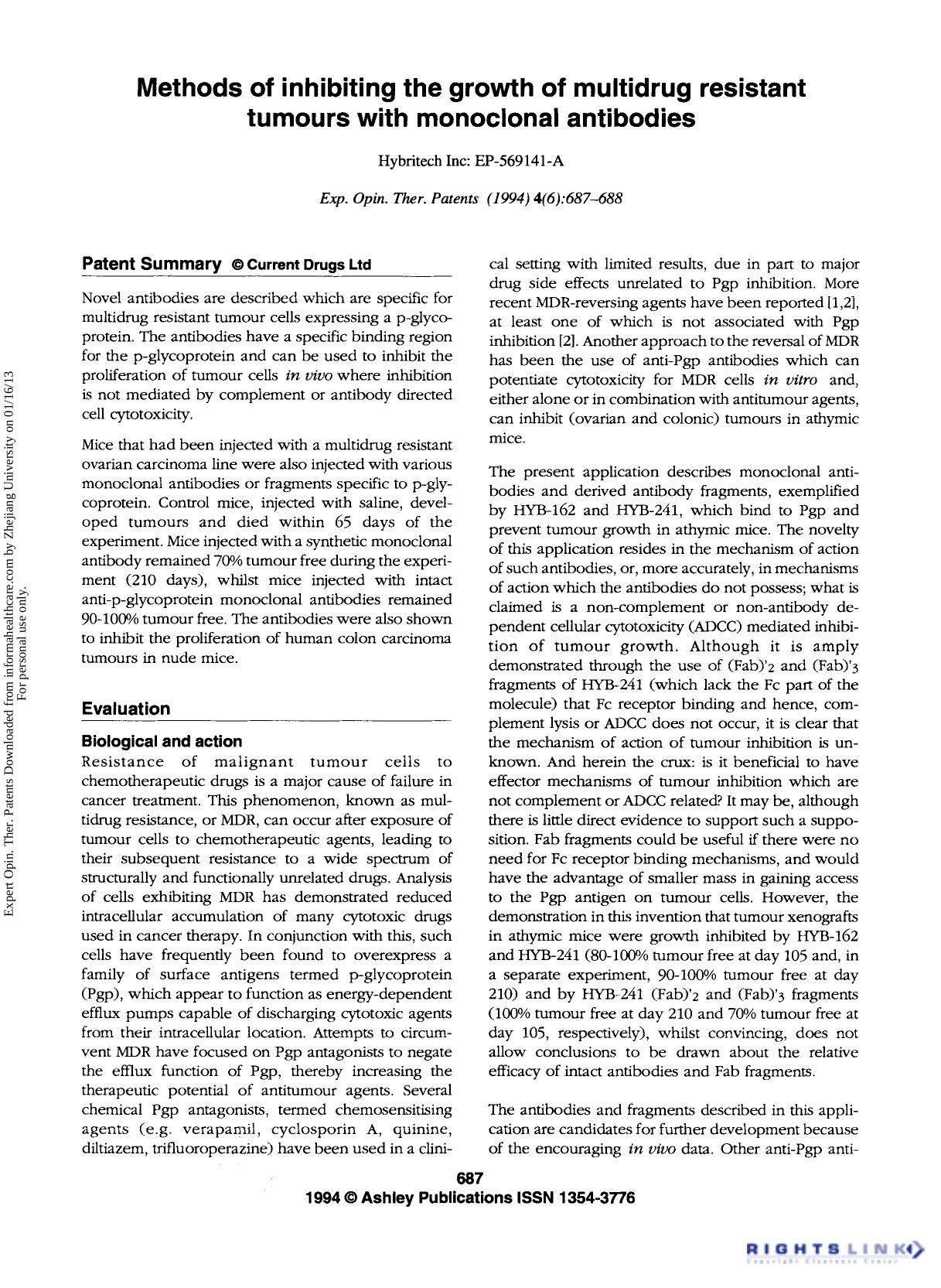 Patent Evaluation: Methods of inhibiting the growth of multidrug resistant tumours with monoclonal antibodies by Unknown