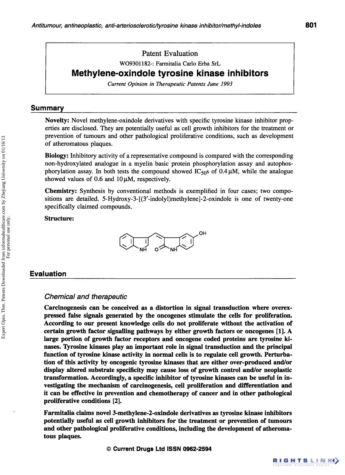 Patent Evaluation: Methylene-oxindole tyrosine kinase inhibitors by Unknown