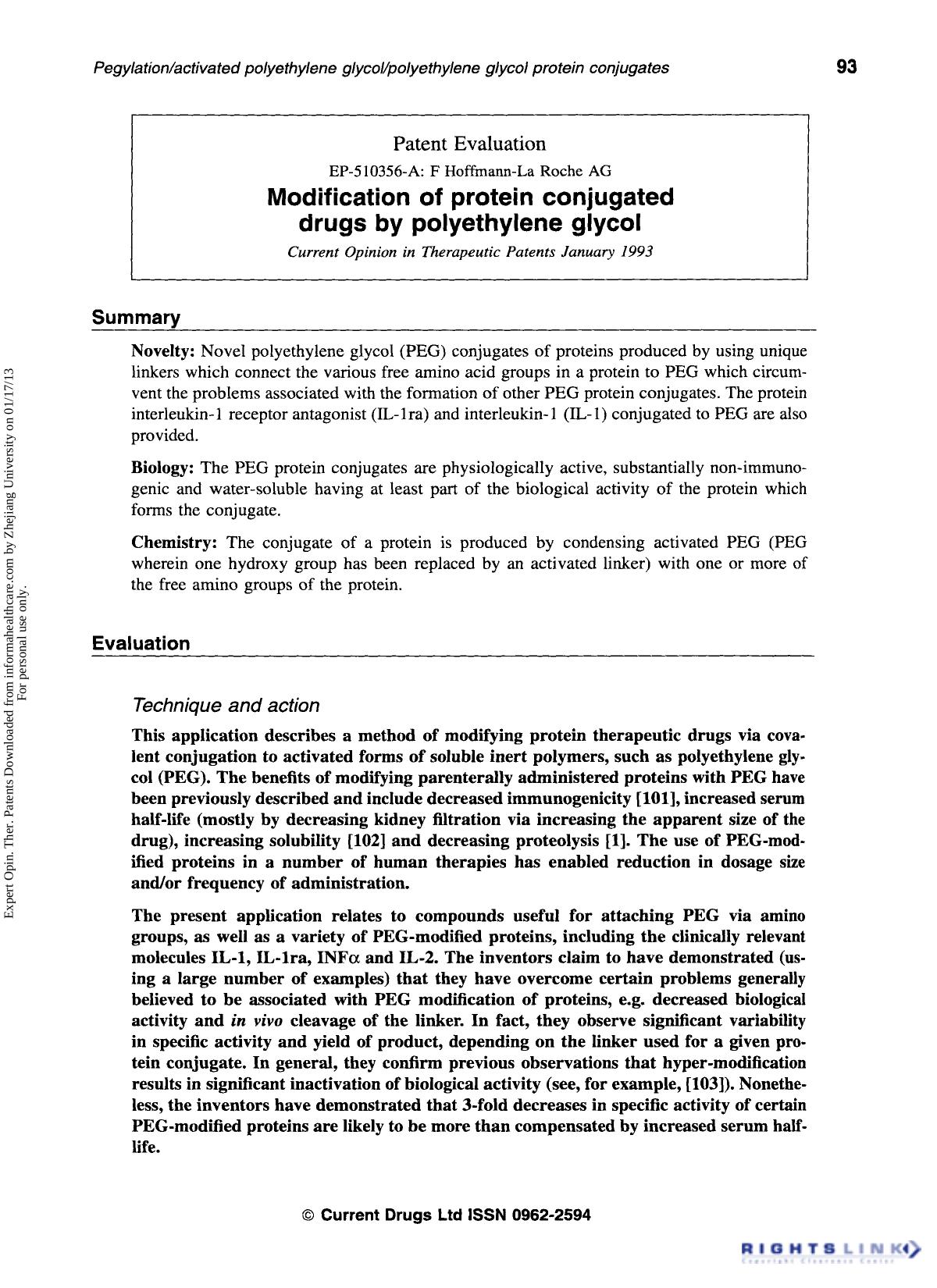 Patent Evaluation: Modification of protein conjugated drugs by polyethylene glycol by Unknown