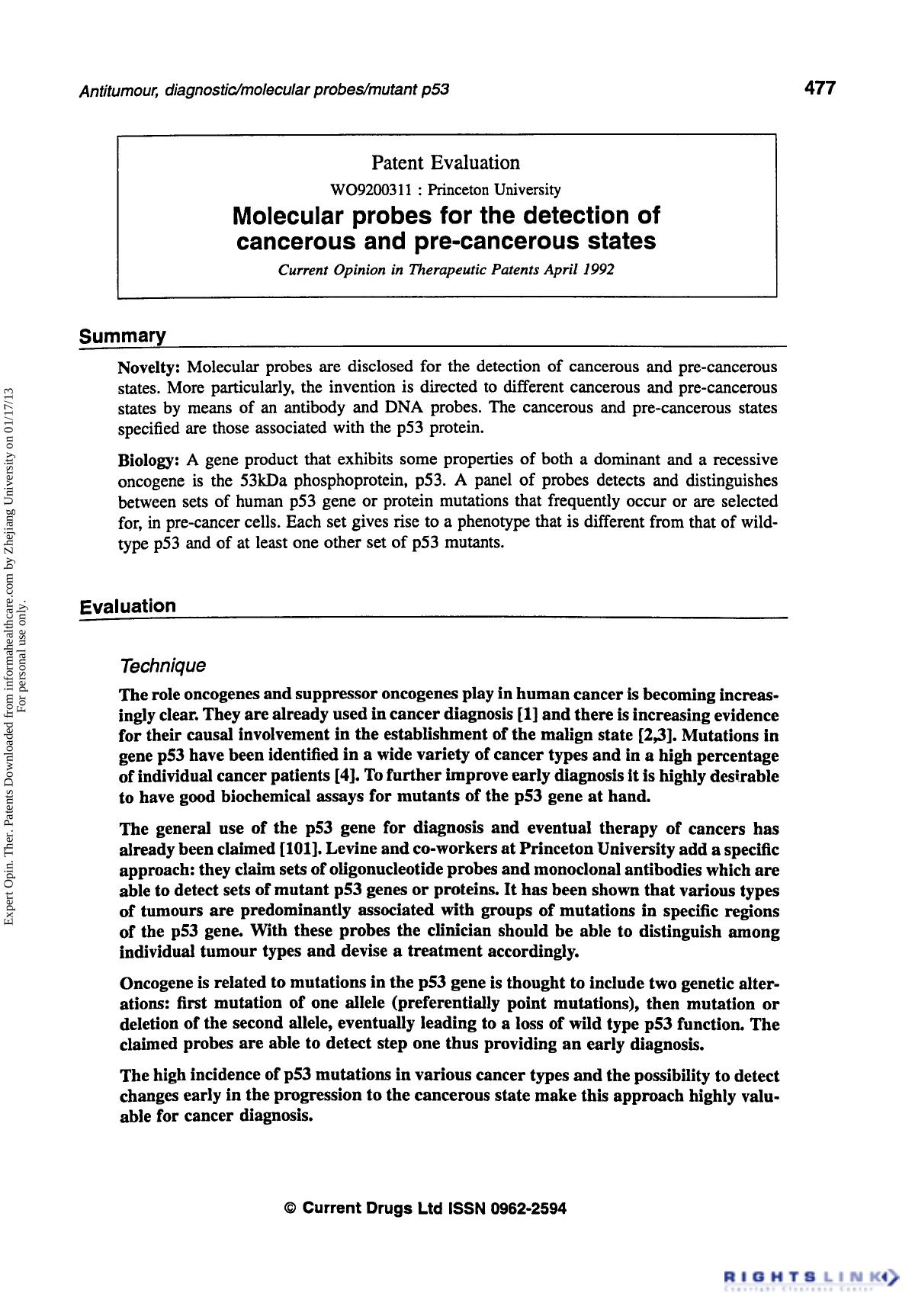 Patent Evaluation: Molecular Probes for the Detection of Cancerous and Pre-cancerous States by Unknown