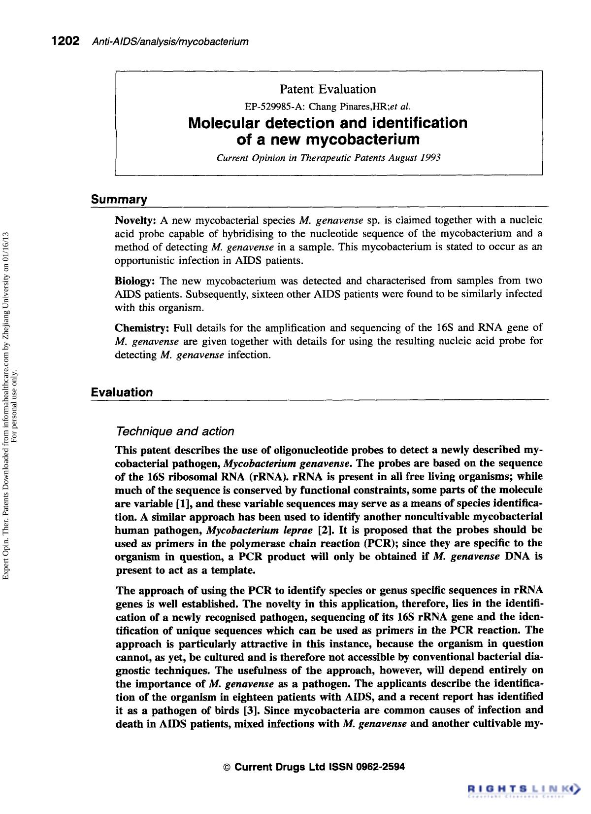 Patent Evaluation: Molecular detection and identification of a new mycobacterium by Unknown