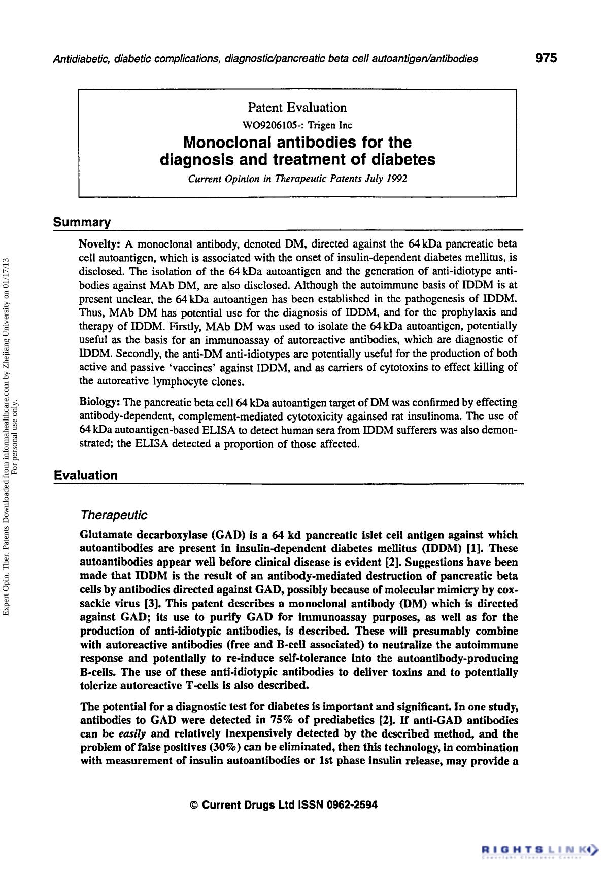 Patent Evaluation: Monoclonal Antibodies for the Diagnosis and Treatment of Diabetes by Unknown
