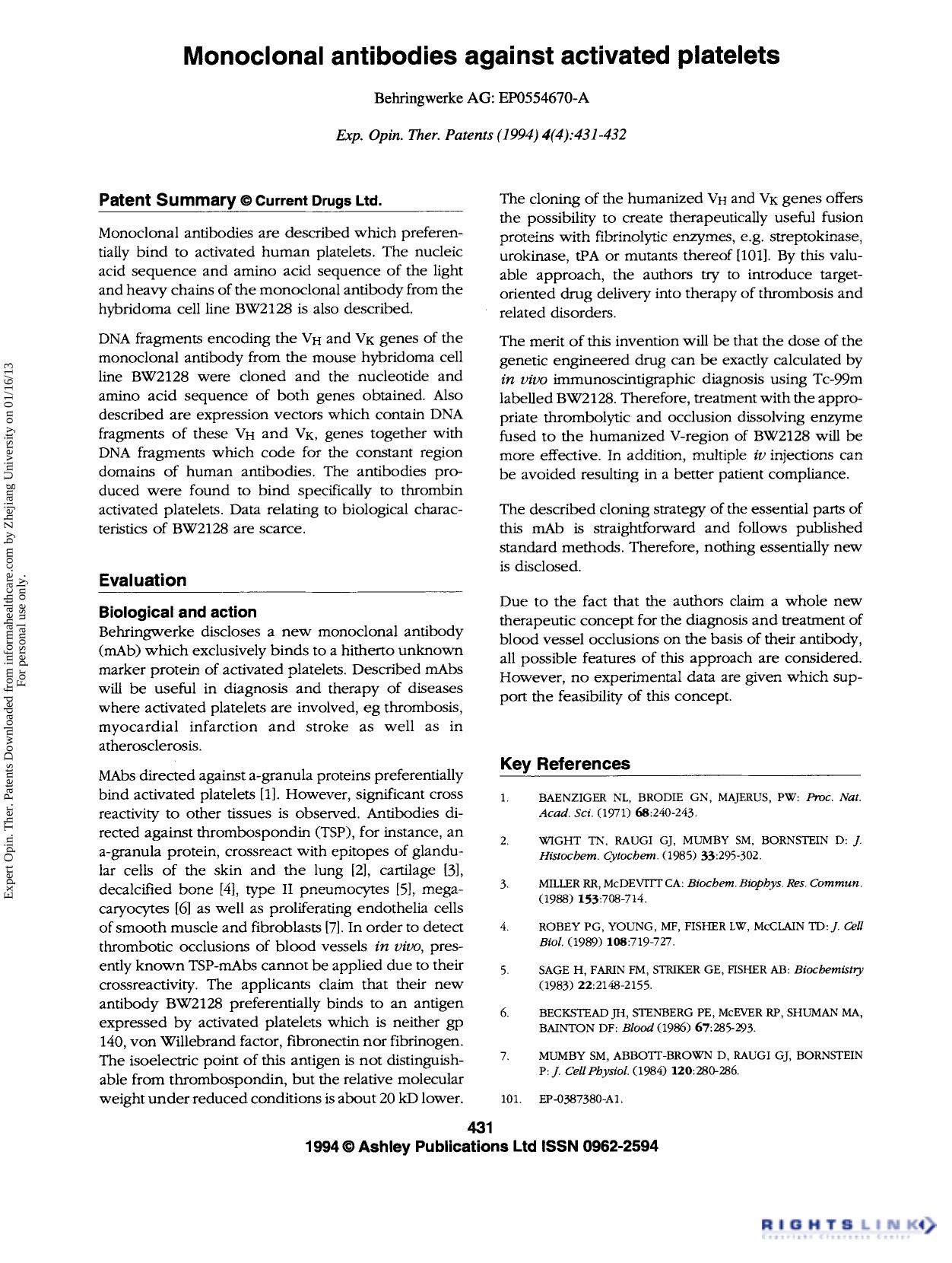 Patent Evaluation: Monoclonal antibodies against activated platelets by Unknown