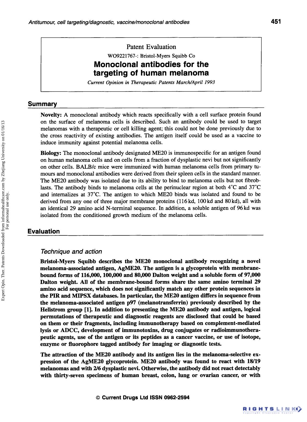 Patent Evaluation: Monoclonal antibodies for the targeting of human melanoma by Unknown
