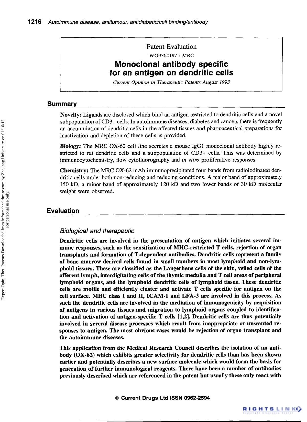 Patent Evaluation: Monoclonal antibody specific for an antigen on dendritic cells by Unknown