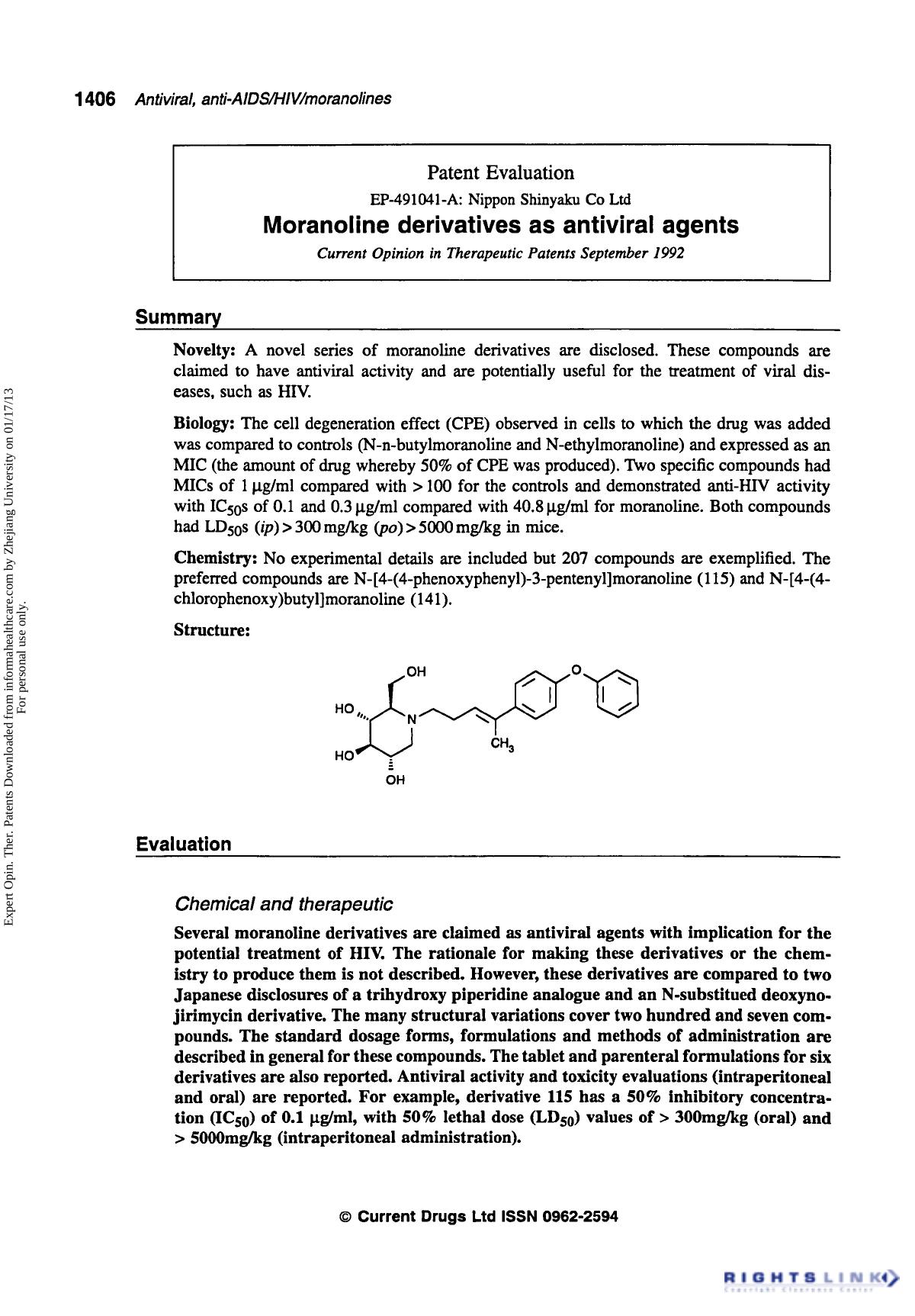 Patent Evaluation: Moranoline Derivatives as Antiviral Agents by Unknown