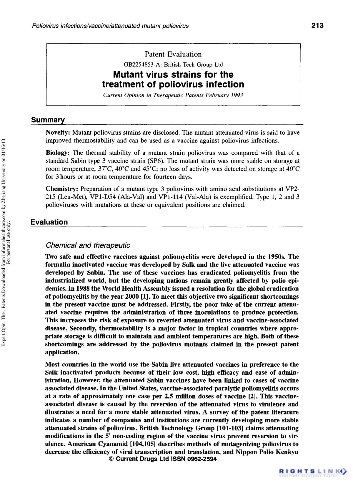 Patent Evaluation: Mutant virus strains for the treatment of poliovirus infection by Unknown