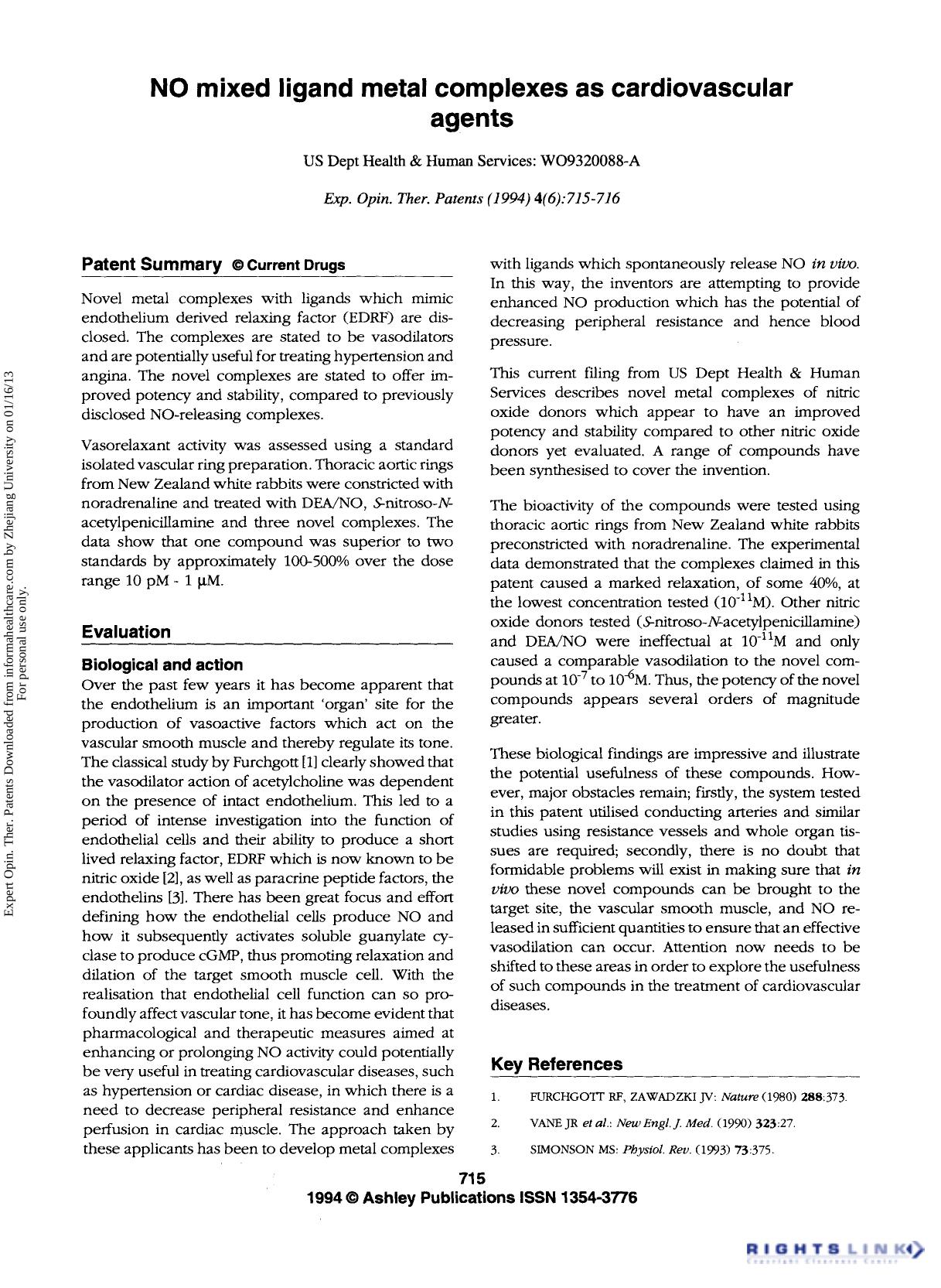 Patent Evaluation: NO mixed ligand metal complexes as cardiovascular agents by Unknown