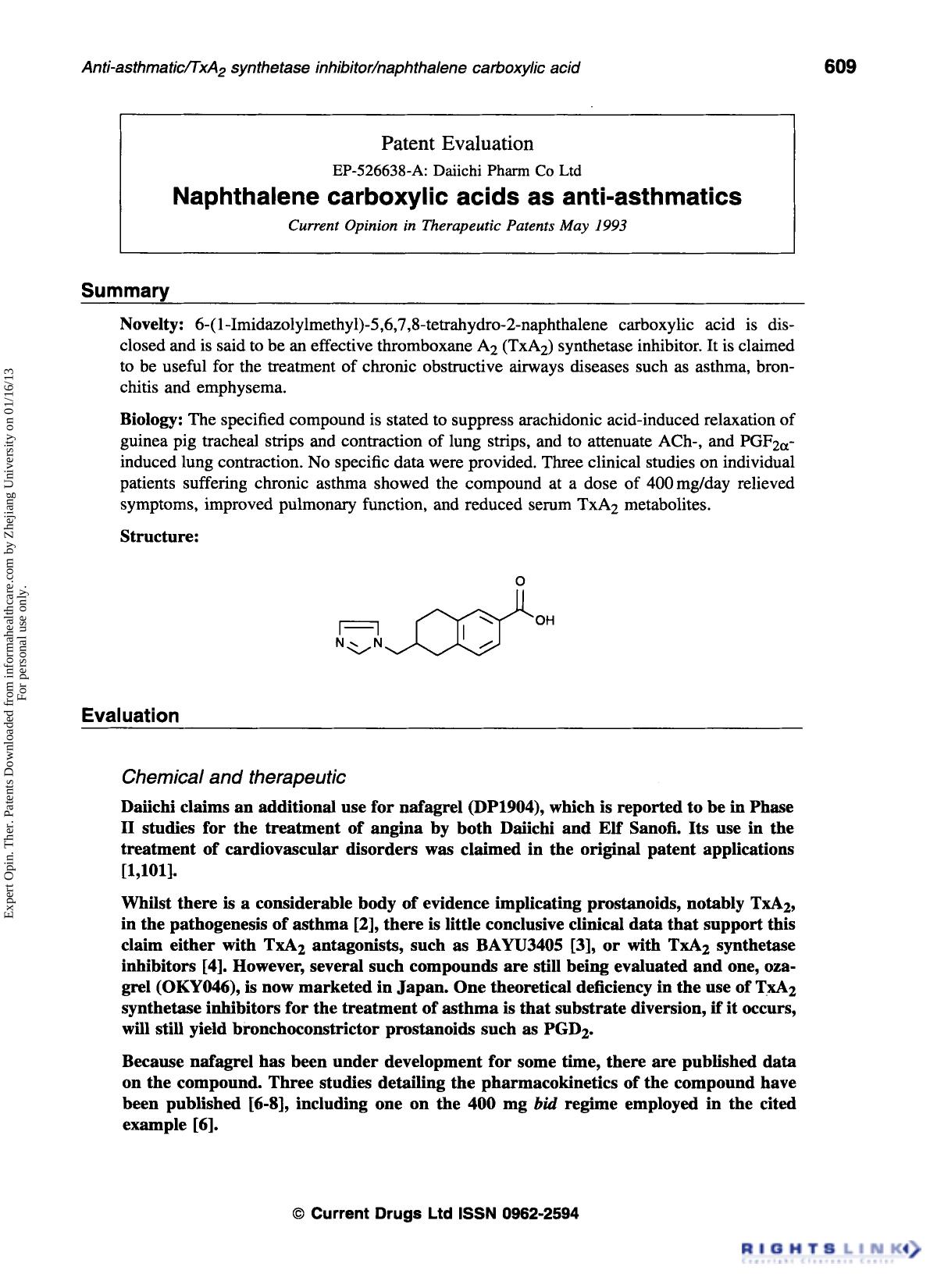 Patent Evaluation: Naphthalene carboxylic acids as anti-asthmatics by Unknown