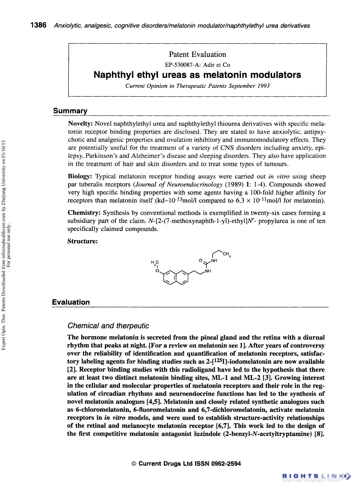 Patent Evaluation: Naphthyl ethyl ureas as melatonin modulators by Unknown
