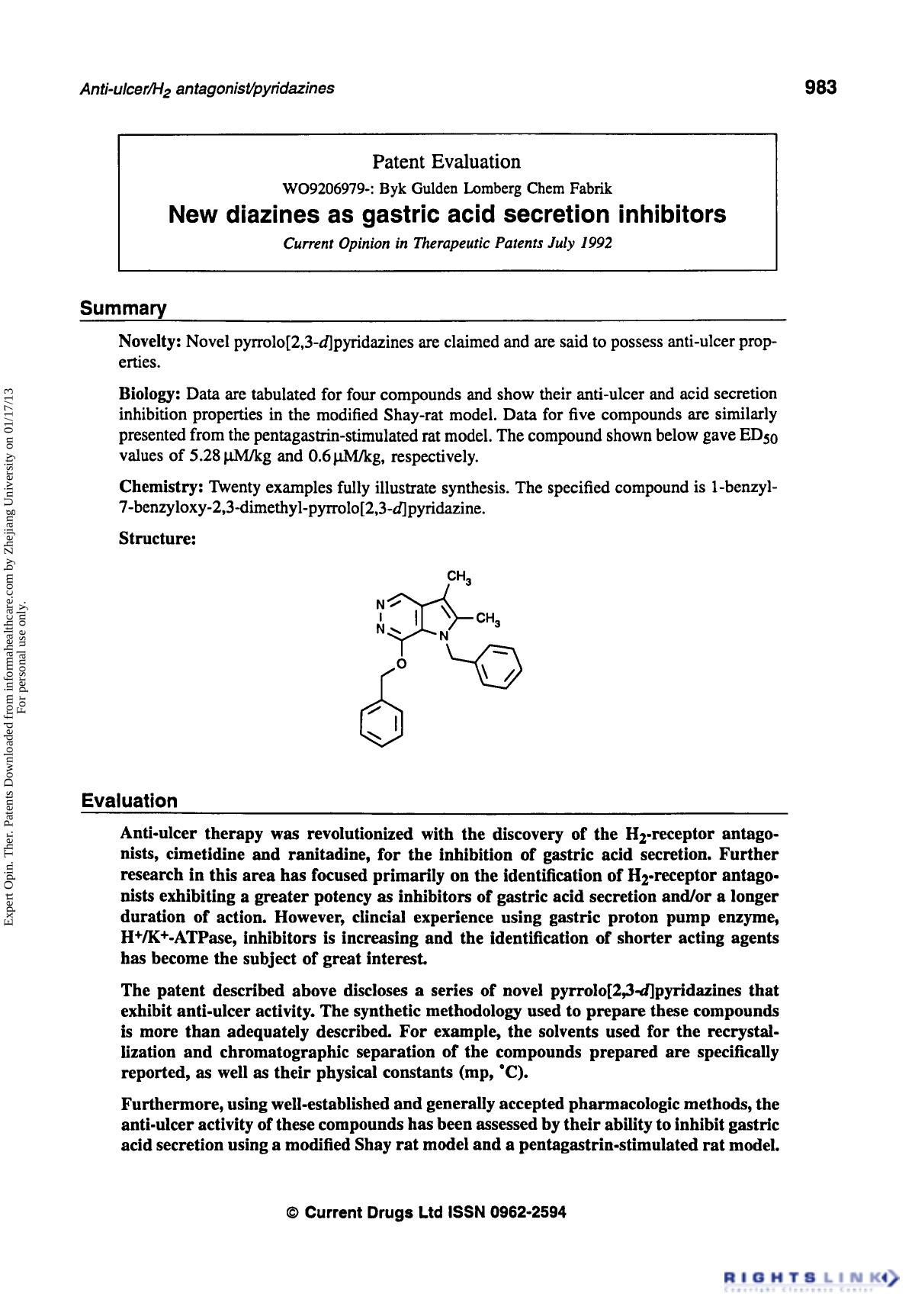 Patent Evaluation: New Diazines as Gastric Acid Secretion Inhibitors by Unknown