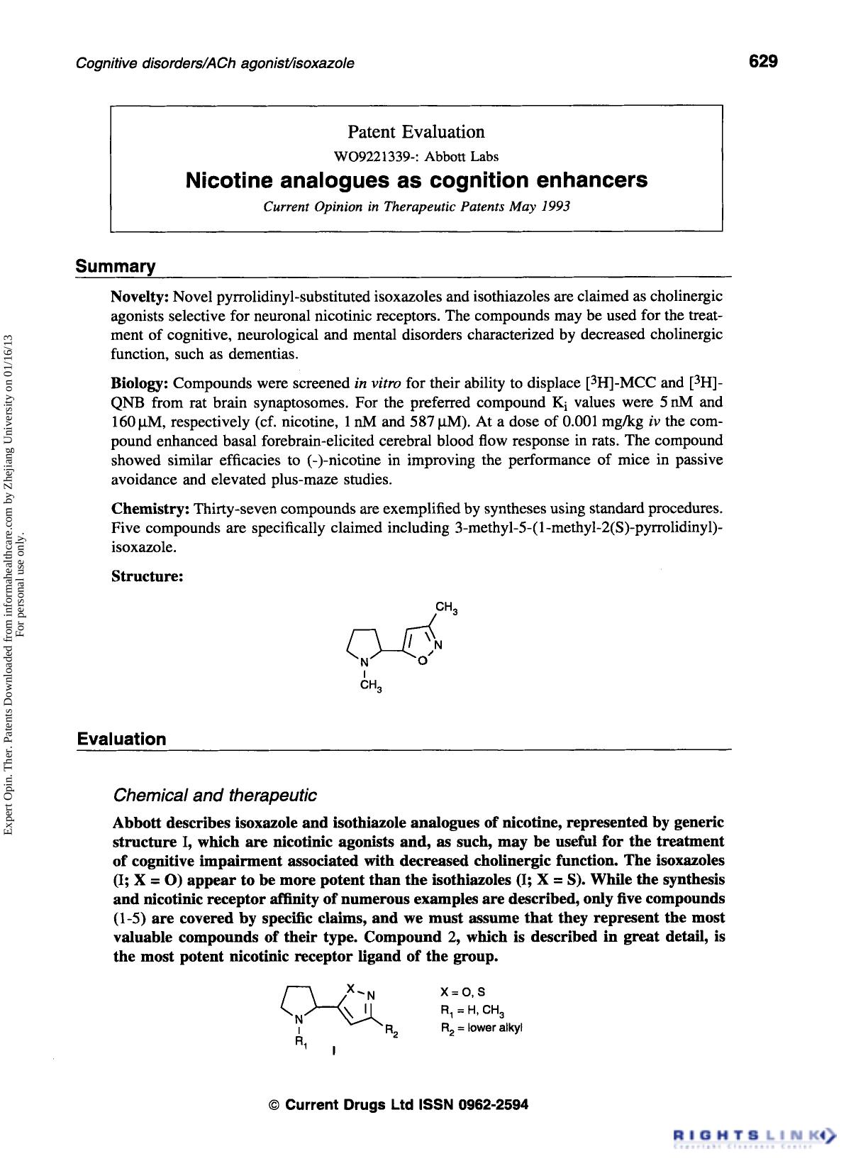 Patent Evaluation: Nicotine analogues as cognition enhancers by Unknown