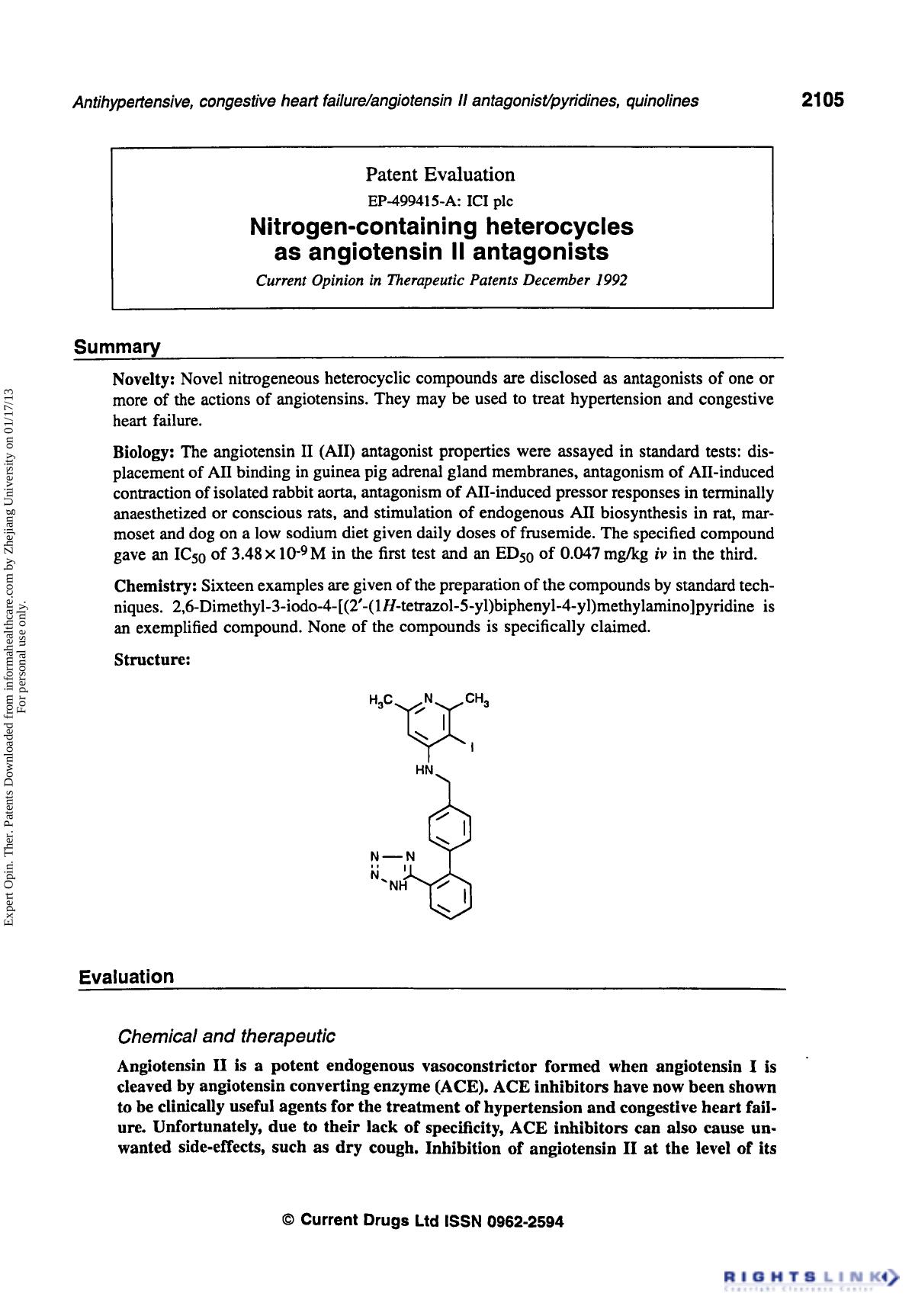 Patent Evaluation: Nitrogen-Containing Heterocycles as Angiotensin II Antagonists by Unknown