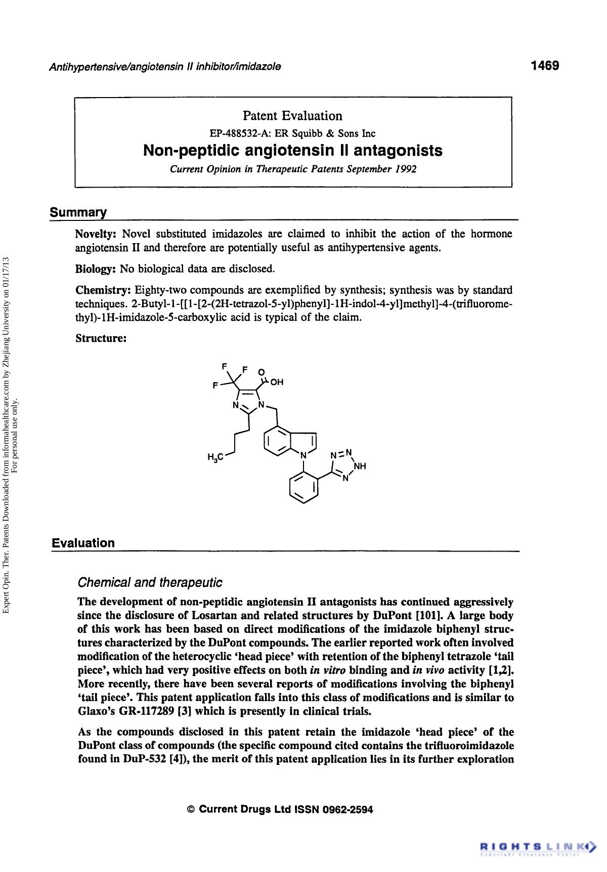 Patent Evaluation: Non-Peptidic Angiotensin II Antagonists by Unknown