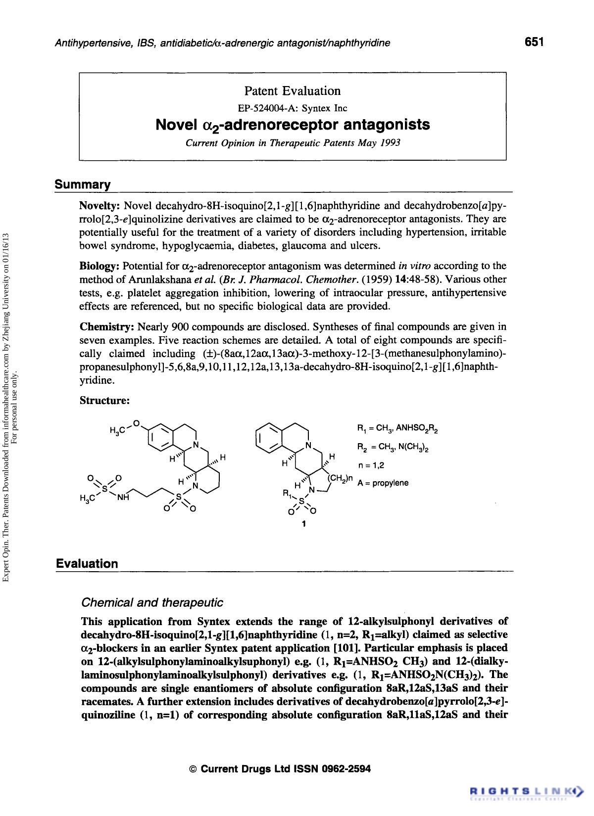 Patent Evaluation: Novel α2-adrenoreceptor antagonists by Unknown