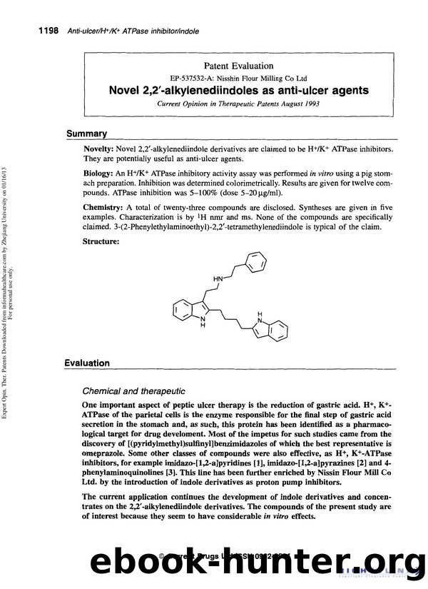Patent Evaluation: Novel 2,2â²-alkylenediindoles as anti-ulcer agents by Unknown