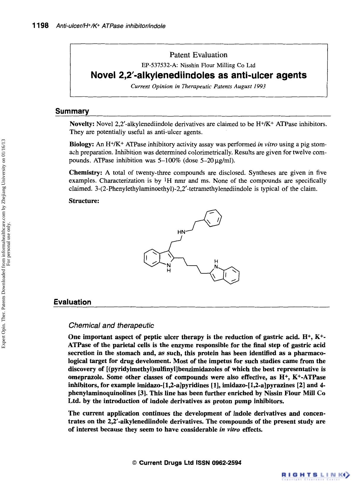 Patent Evaluation: Novel 2,2′-alkylenediindoles as anti-ulcer agents by Unknown