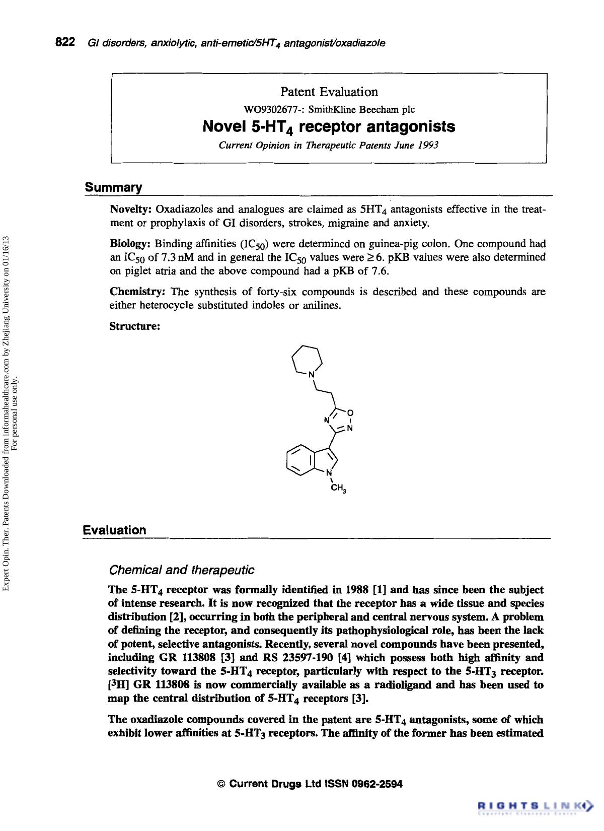 Patent Evaluation: Novel 5-HT4 receptor antagonists by Unknown