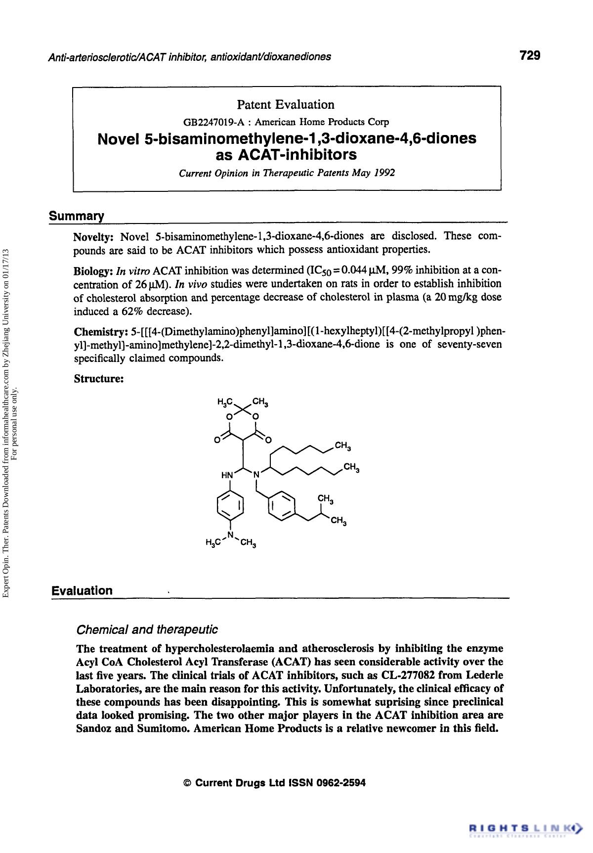 Patent Evaluation: Novel 5-bisaminomethylene-1,3-dioxane-4,6-diones as ACAT-inhibitors by Unknown