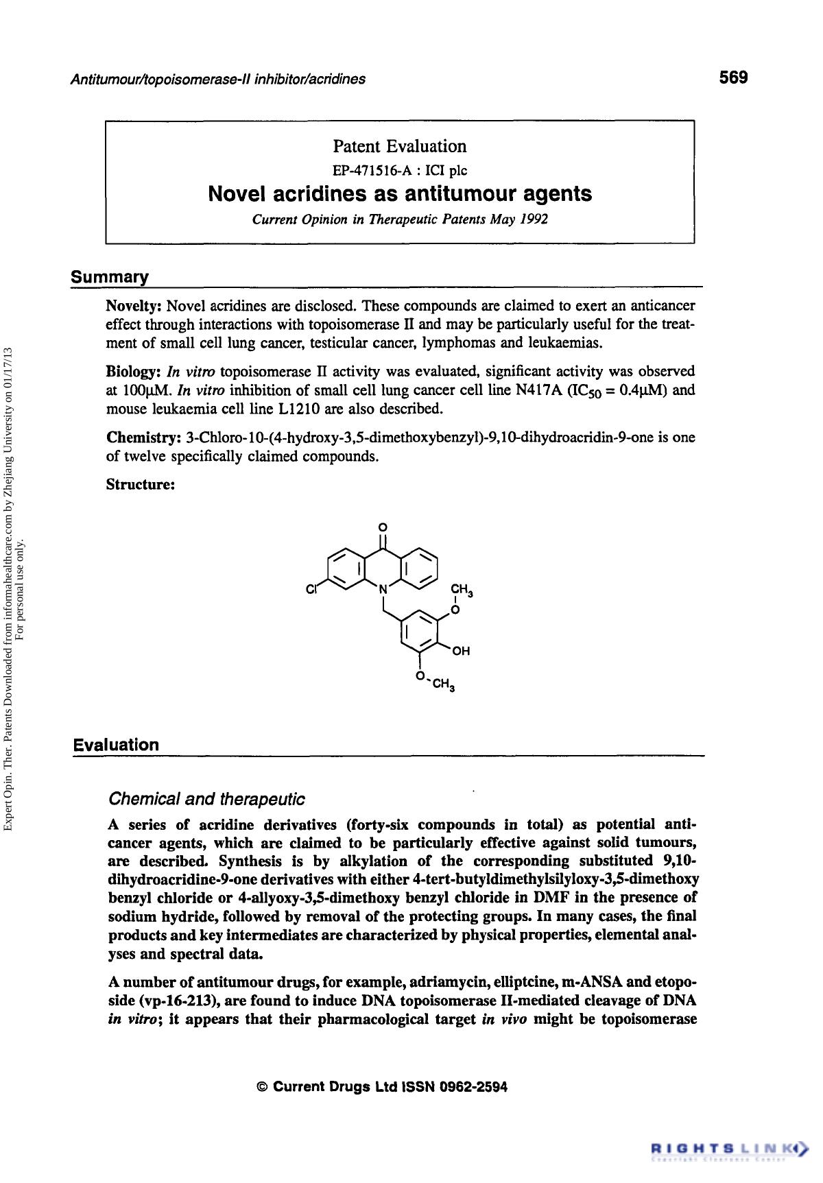 Patent Evaluation: Novel Acridities as Antitumour Agents by Unknown