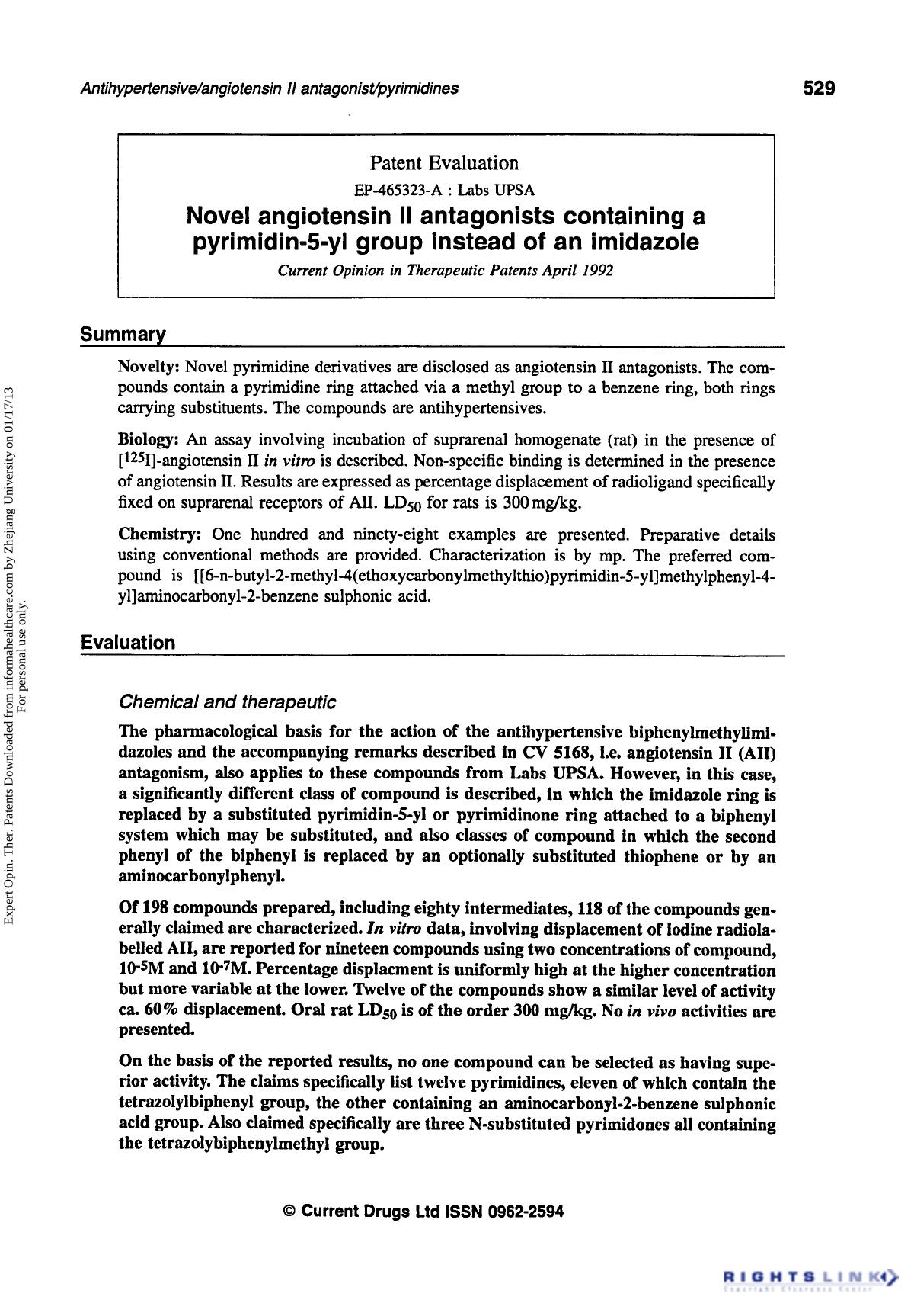 Patent Evaluation: Novel Angiotensin II Antagonists Containing a Pyrimidin-5-yl Group Instead of an Imidazole by Unknown