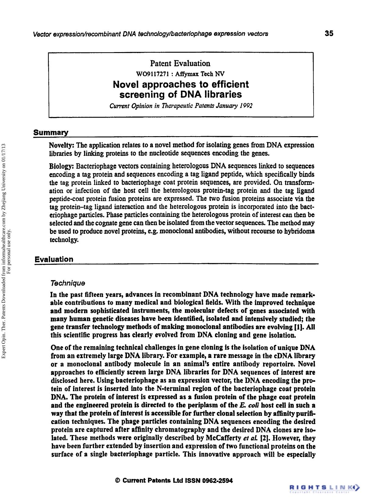 Patent Evaluation: Novel Approaches to Efficient Screening of DNA Libraries by Unknown