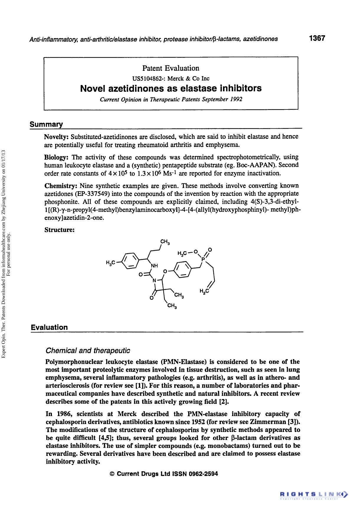 Patent Evaluation: Novel Azetidinones as Elastase Inhibitors by Unknown