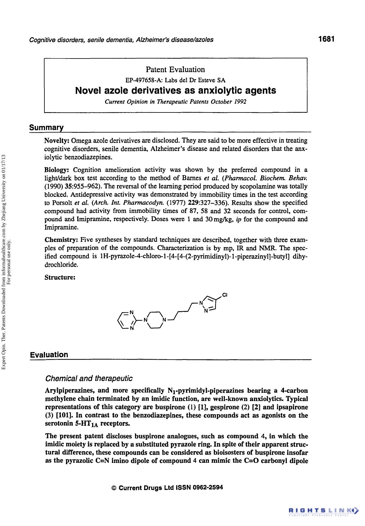 Patent Evaluation: Novel Azole Derivatives as Anxiolytic Agents by Unknown