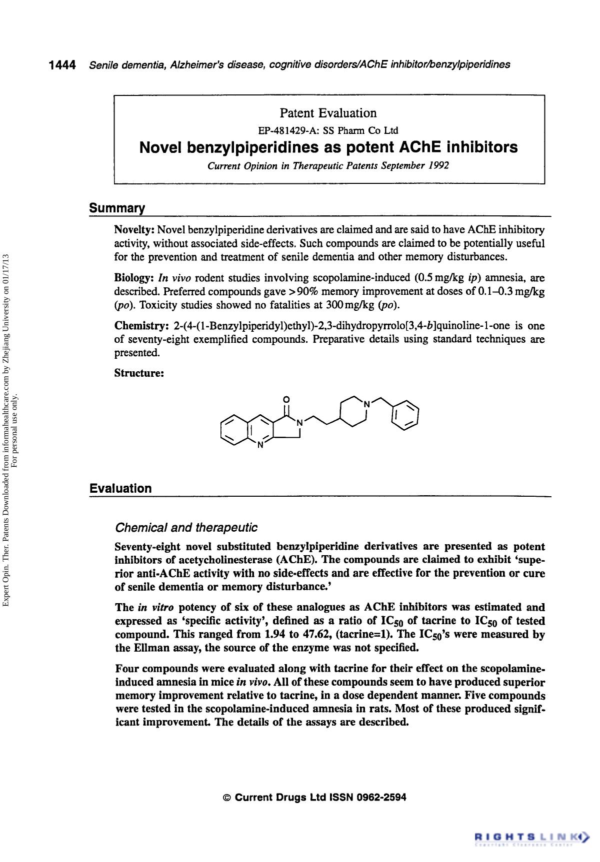 Patent Evaluation: Novel Benzylpiperidines as Potent AChE Inhibitors by Unknown