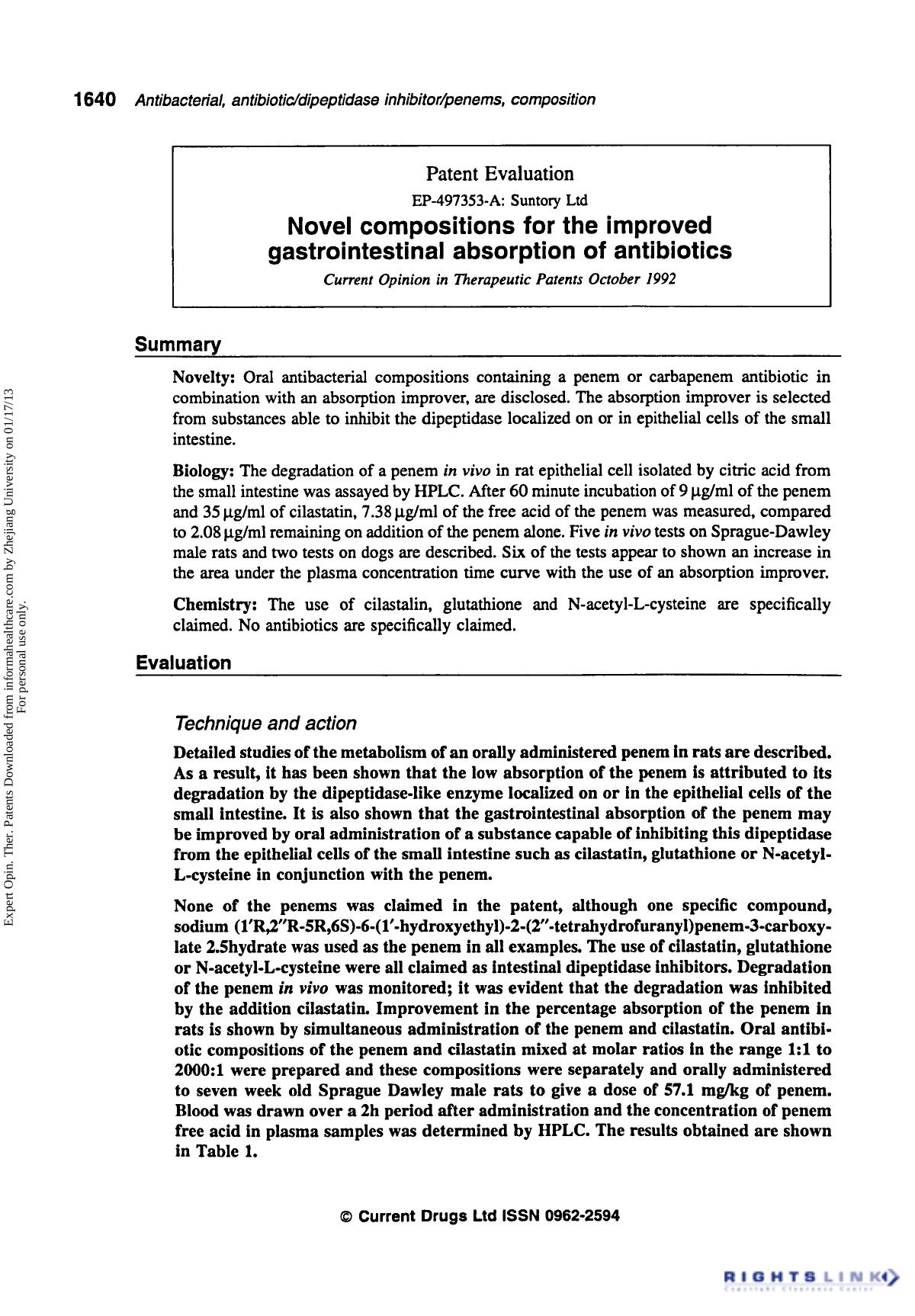 Patent Evaluation: Novel Compositions for the Improved Gastrointestinal Absorption of Antibiotics by Unknown