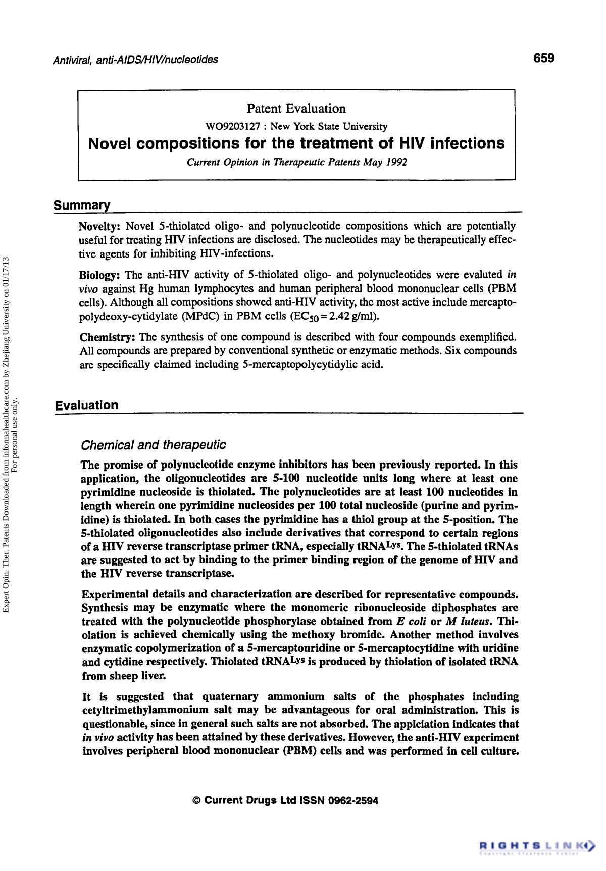 Patent Evaluation: Novel Compositions for the Treatment of HIV Infections by Unknown