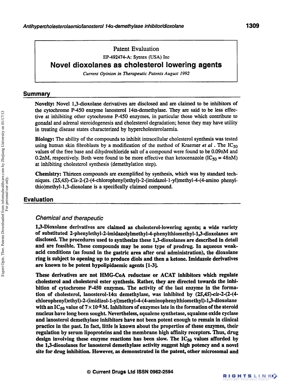 Patent Evaluation: Novel Dioxolanes as Cholesterol Lowering Agents by Unknown