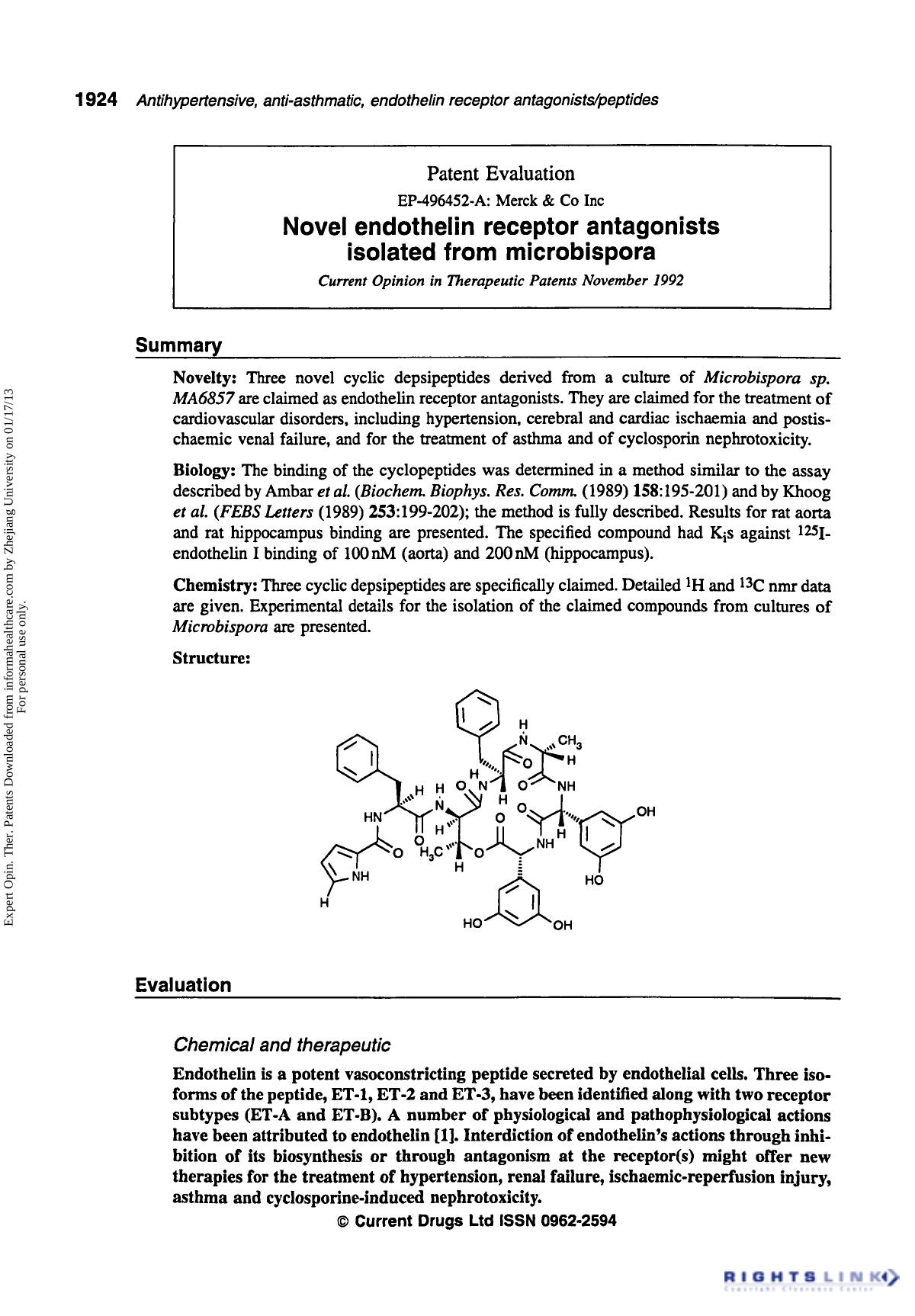 Patent Evaluation: Novel Endothelin Receptor Antagonists Isolated from Microbispora by Unknown